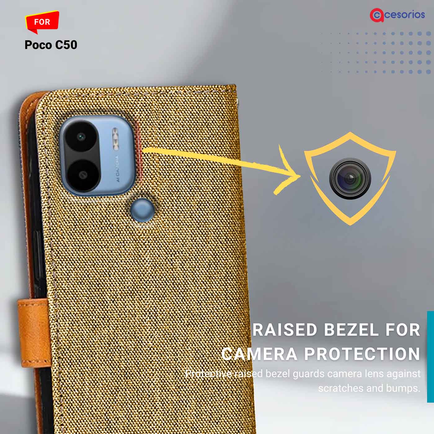 Denim & Leather back panel — Poco C50 in Light Brown mobile case