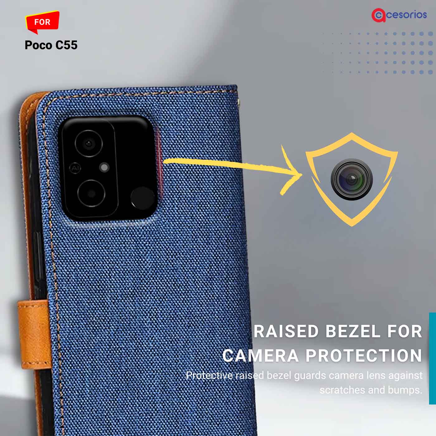 Denim & Leather back panel — Poco C55 in Blue mobile case