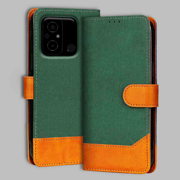 Poco C55 Flip Cover — Chambray, Forest Green after a year of daily use