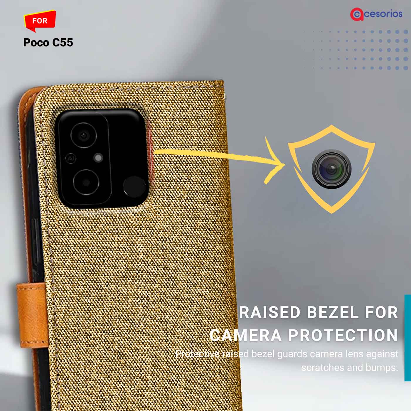 Denim & Leather back panel — Poco C55 in Light Brown mobile case