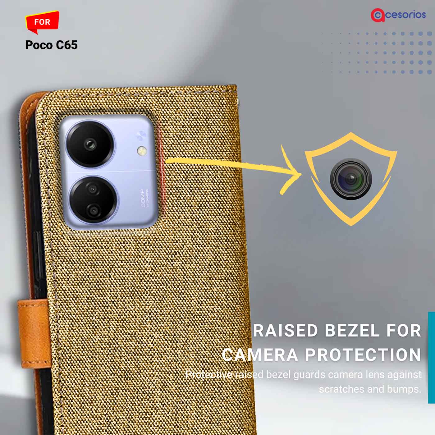 Denim & Leather back panel — Poco C65 in Light Brown mobile case