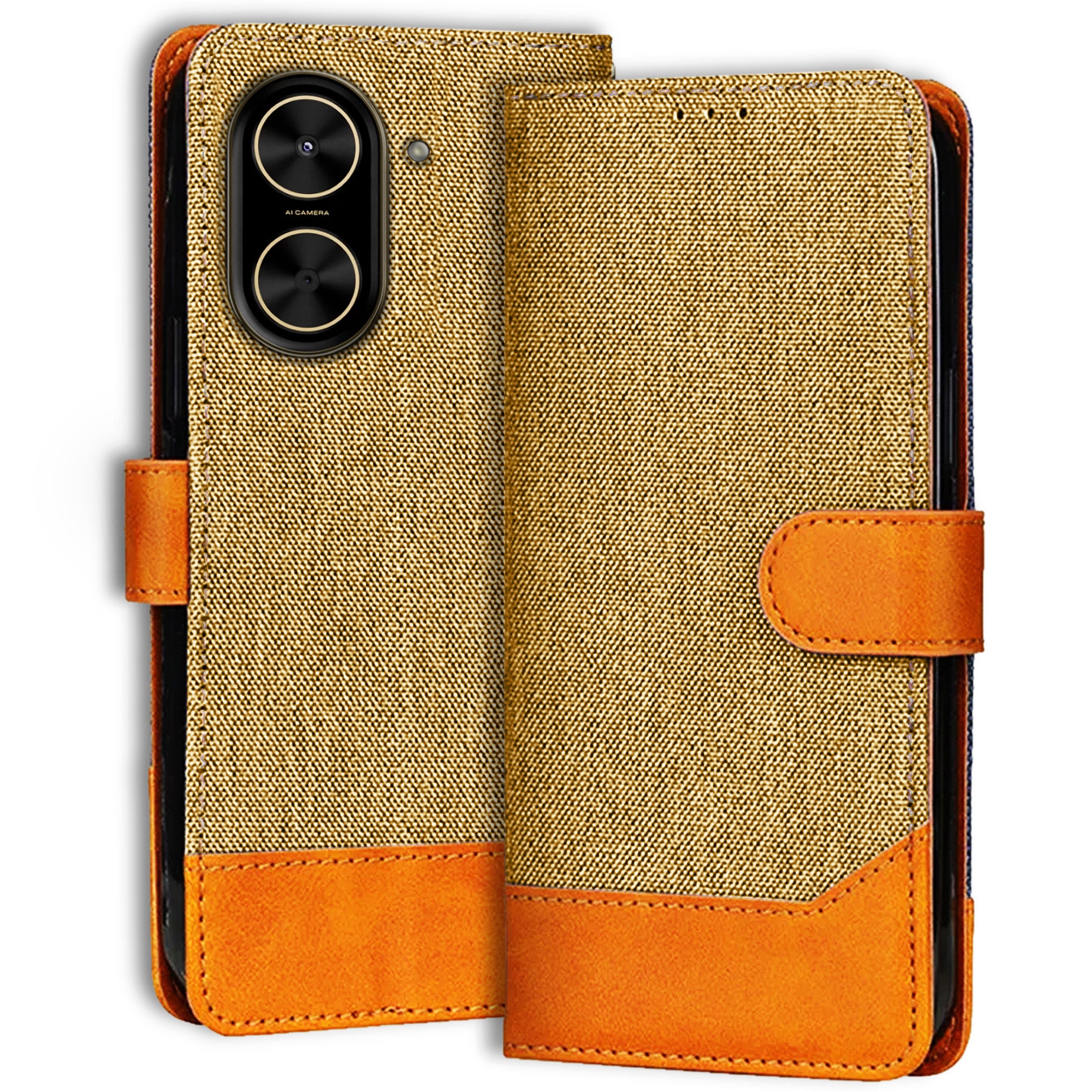 Accesorios Poco C71 5G denim flip cover – Light Brown – Image 1 #color_light brown