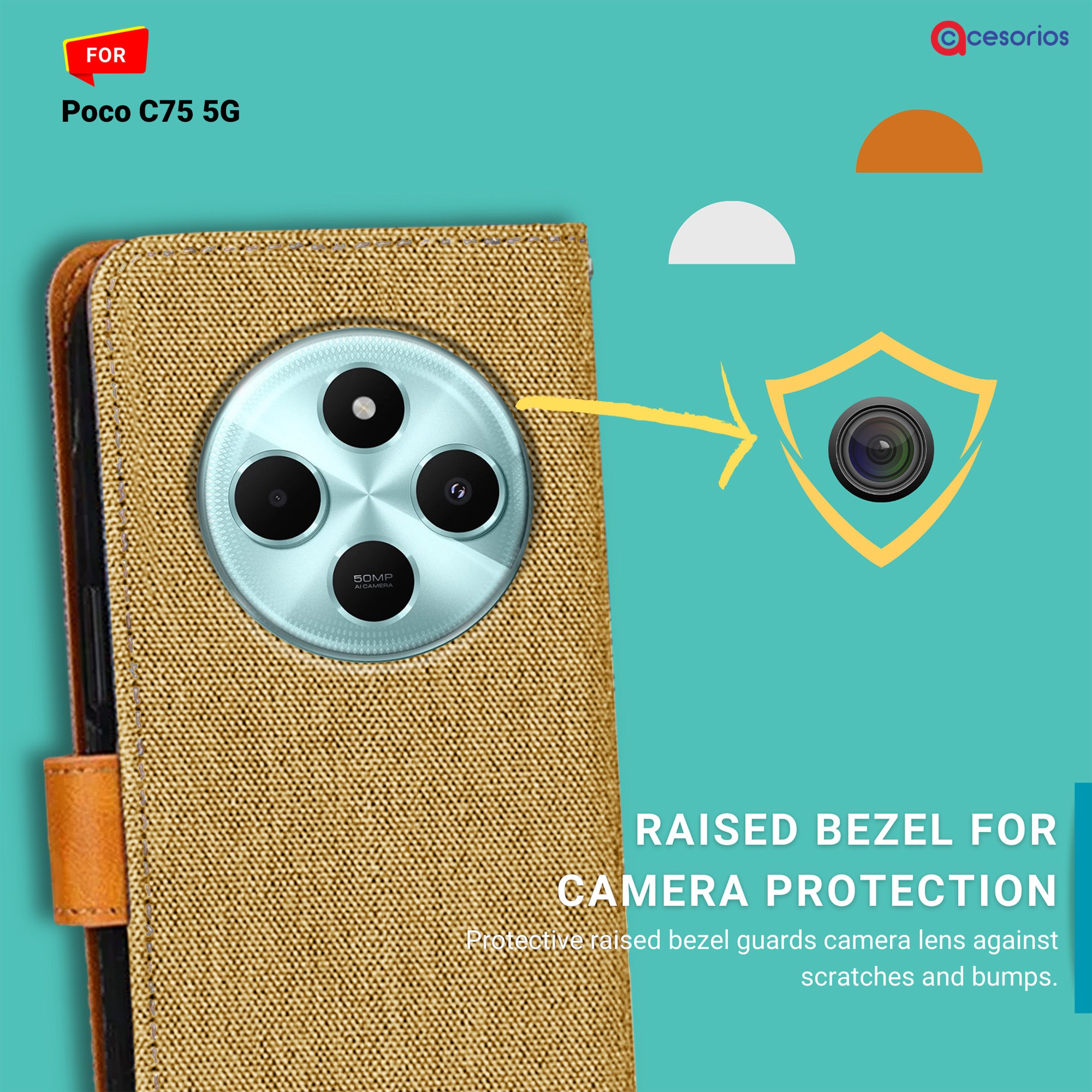 Accesorios Poco C75 5G denim flip cover – Light Brown – Image 2 #color_light brown