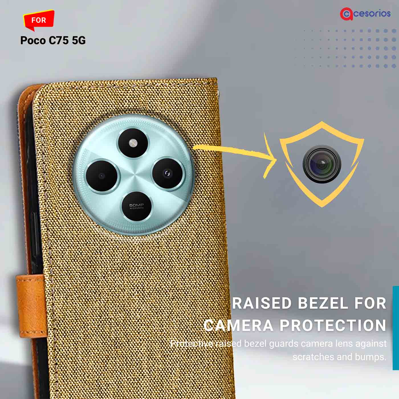 Denim & Leather back panel — Poco C75 5G in Light Brown mobile case