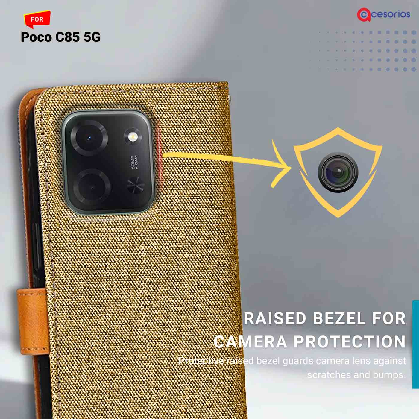 Denim & Leather back panel — Redmi C85 5G in Light Brown mobile case