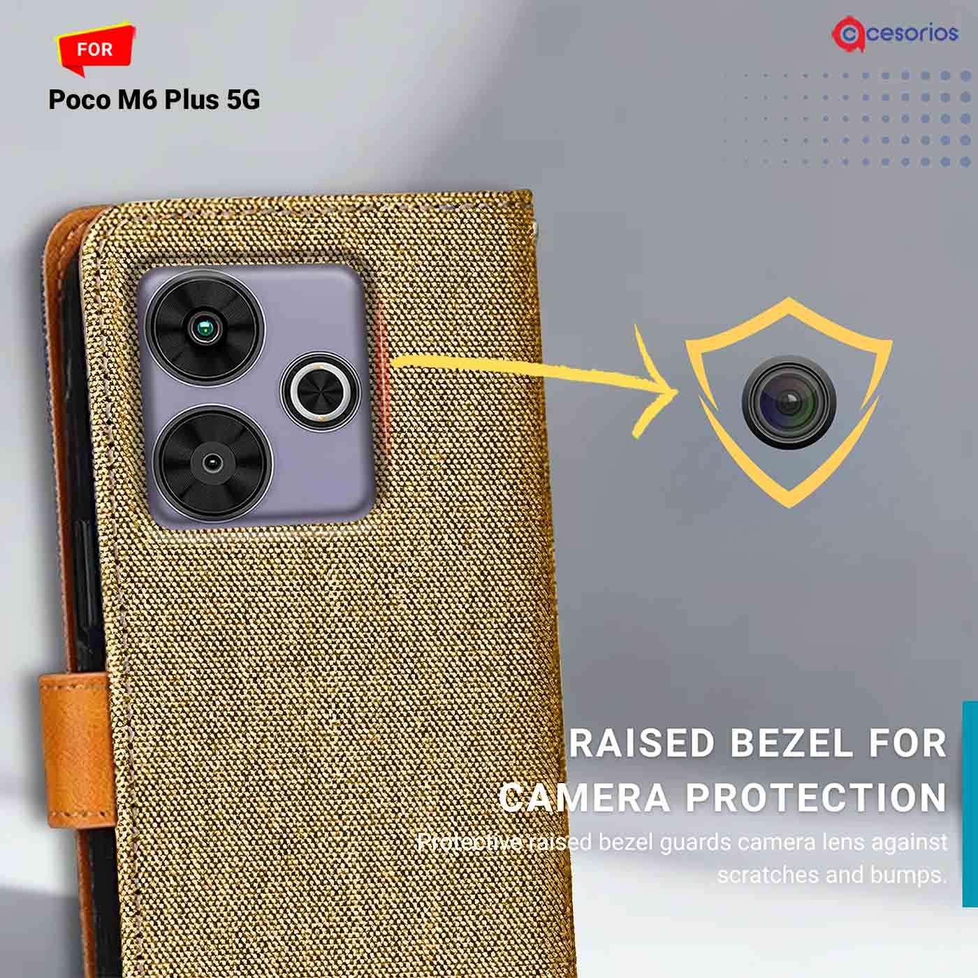 Denim & Leather back panel — Poco M6 Plus 5G in Light Brown mobile case