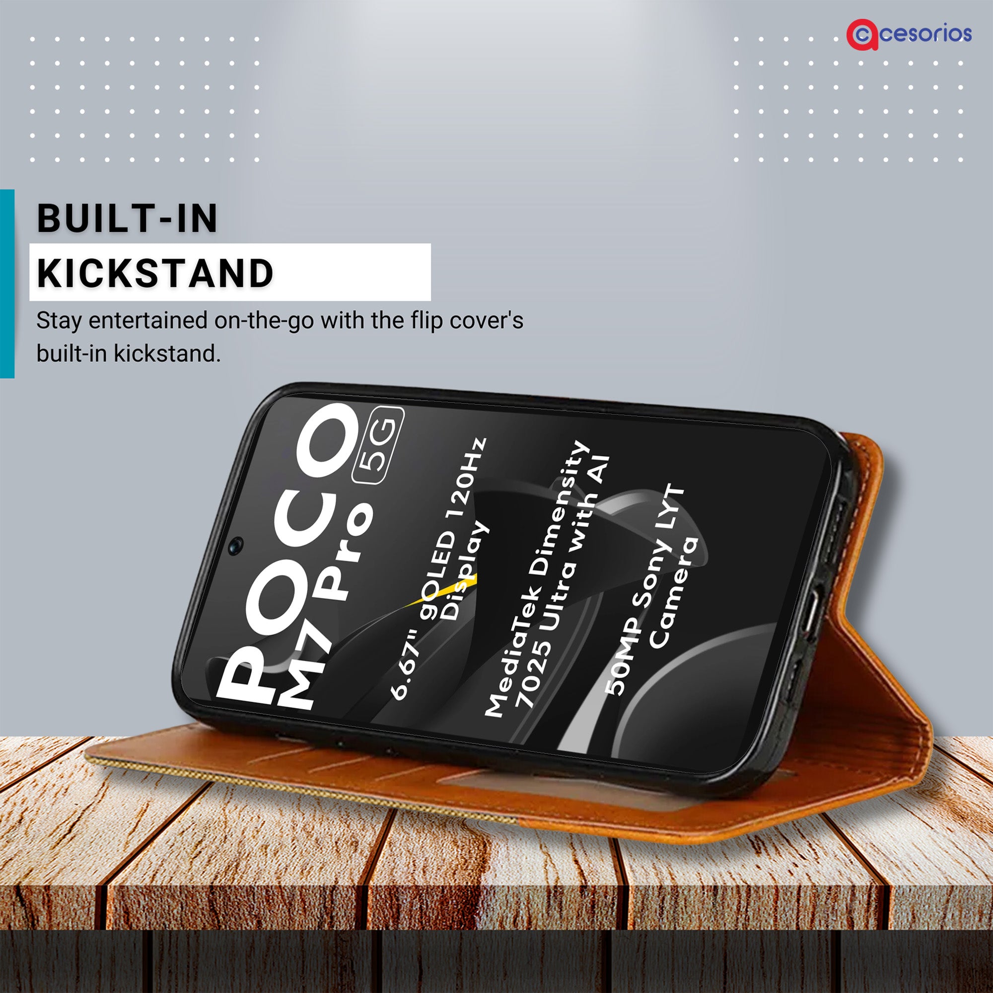 Accesorios Poco M7 Pro 5G denim flip cover – Light Brown – Image 4 #color_light brown