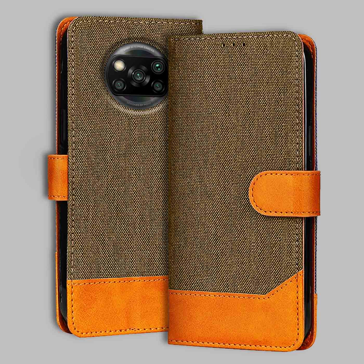 Accesorios Poco X3 denim flip cover – Dark Brown – Image 1 #color_dark b