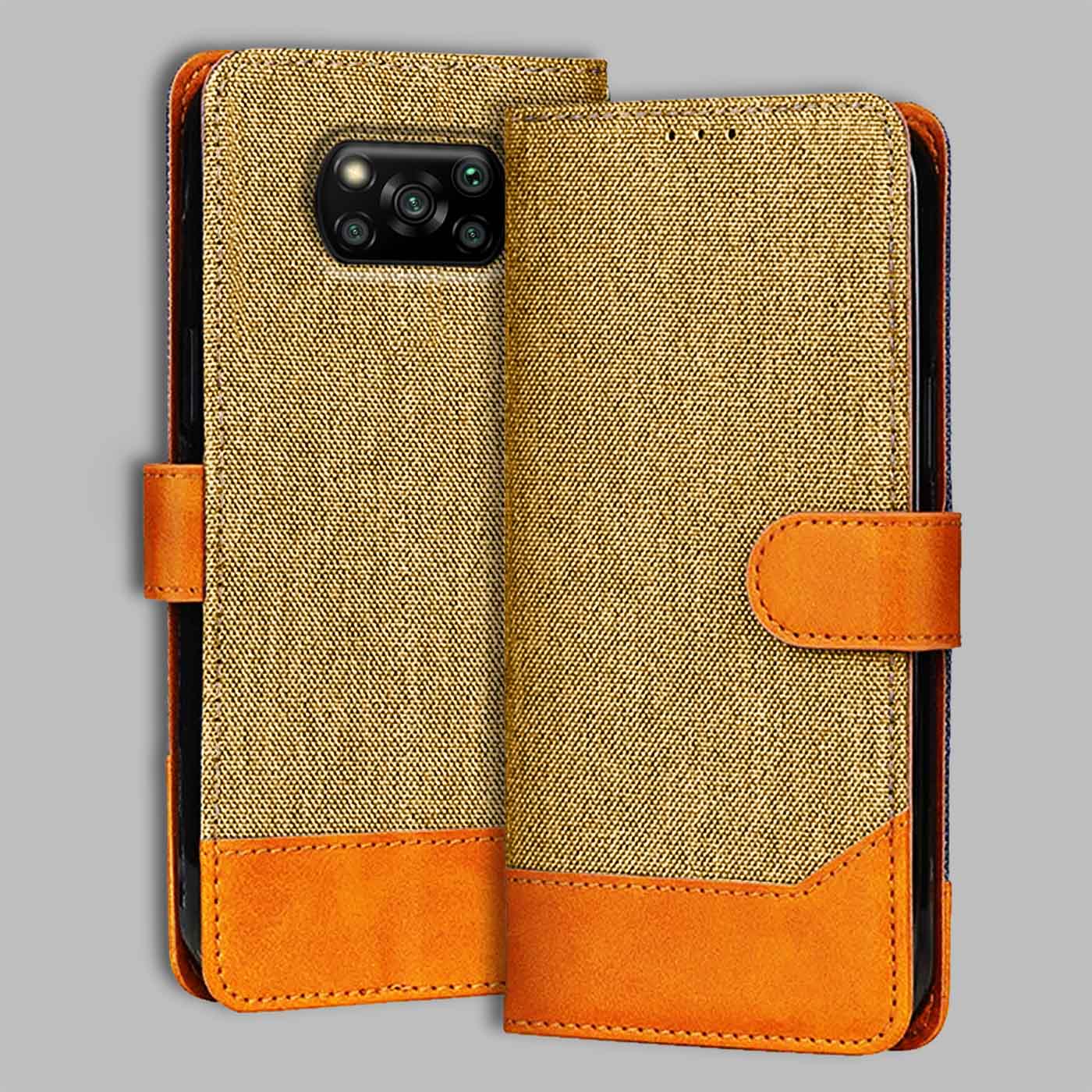 Accesorios Poco X3 Pro denim flip cover – Light Brown – Image 1 #color_light b