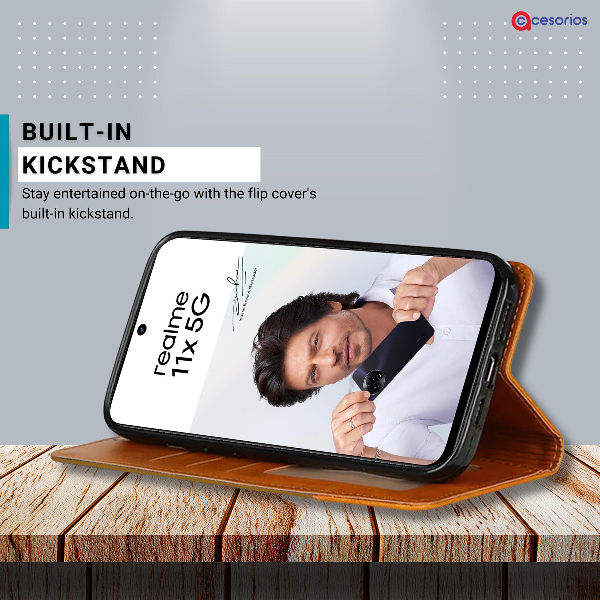 Accesorios Realme 11X 5G denim flip cover – Light Brown – Image 4 #color_light brown