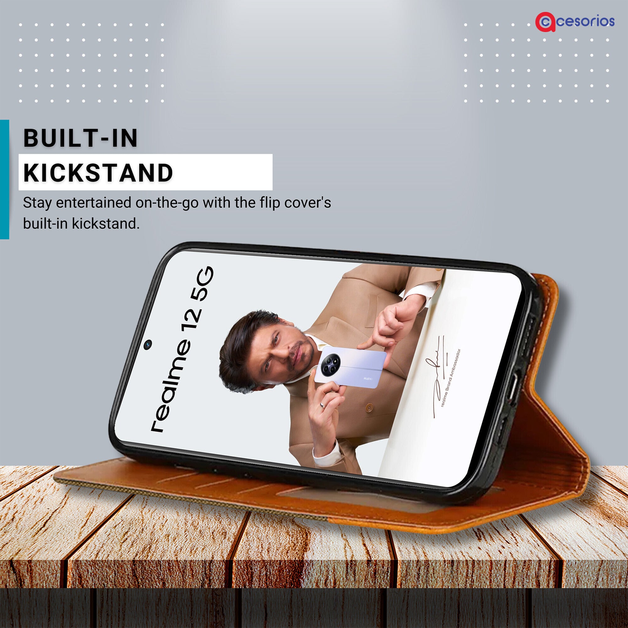 Accesorios Realme 12 5G denim flip cover – Dark Brown – Image 4 #color_dark brown