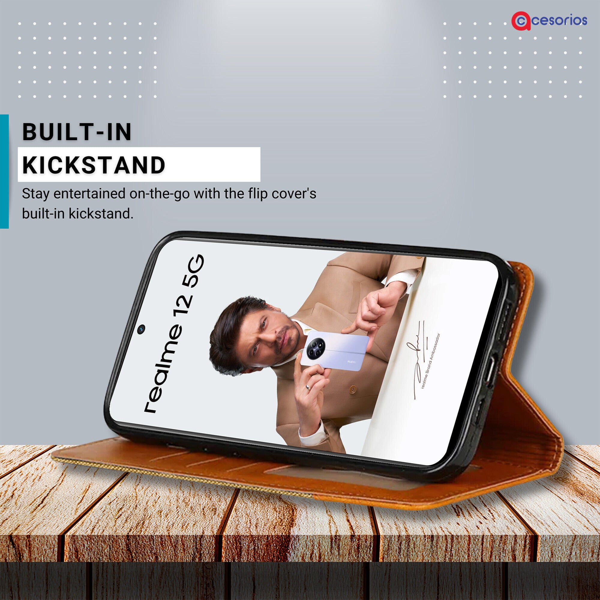 Accesorios Realme 12 5G denim flip cover – Light Brown – Image 4 #color_light brown