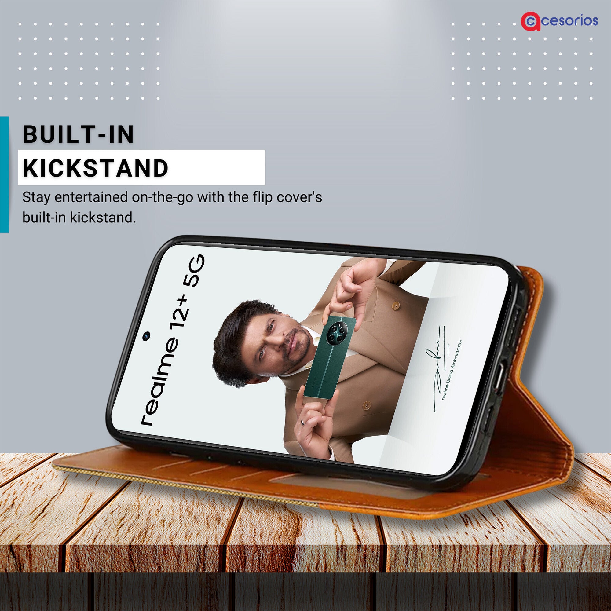 Accesorios Realme 12 Plus 5G denim flip cover – Light Brown – Image 4 #color_light brown