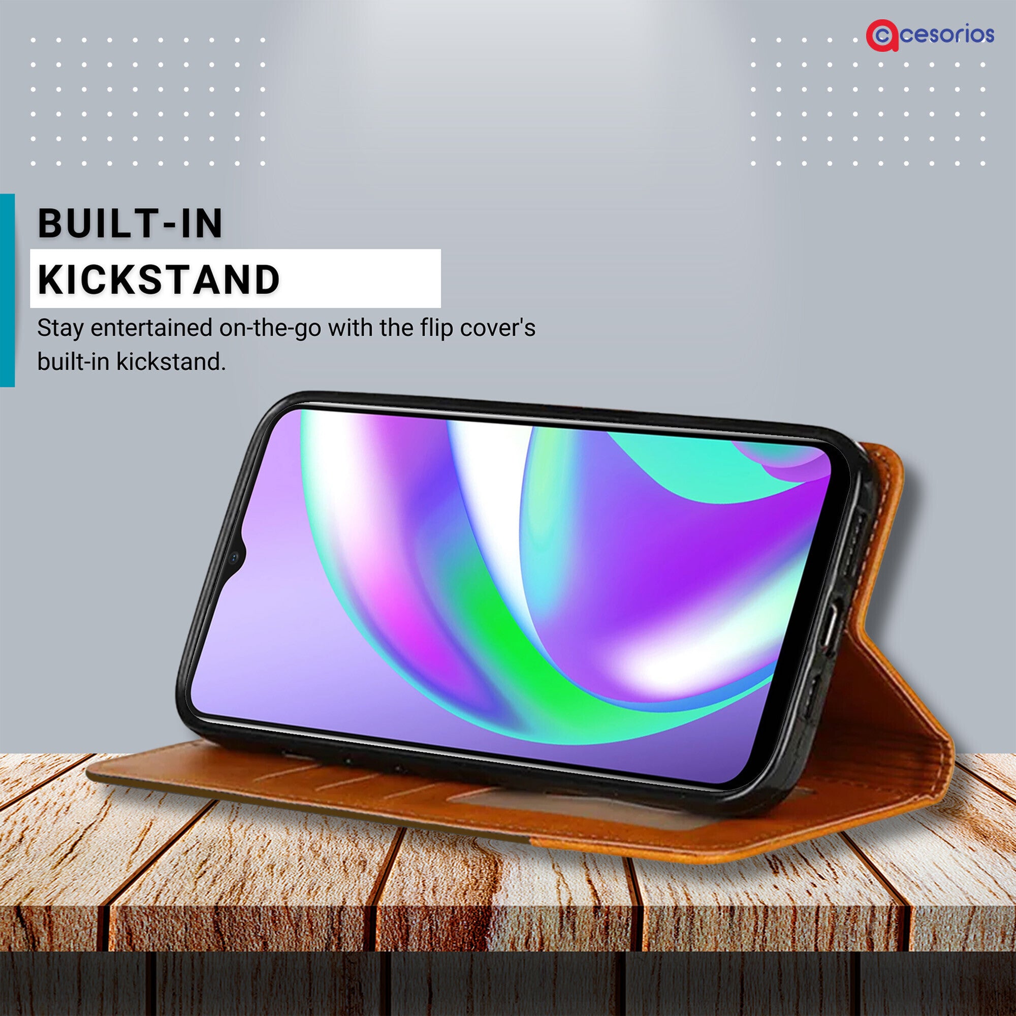 Accesorios Realme C12 denim flip cover – Dark Brown – Image 4 #color_dark brown