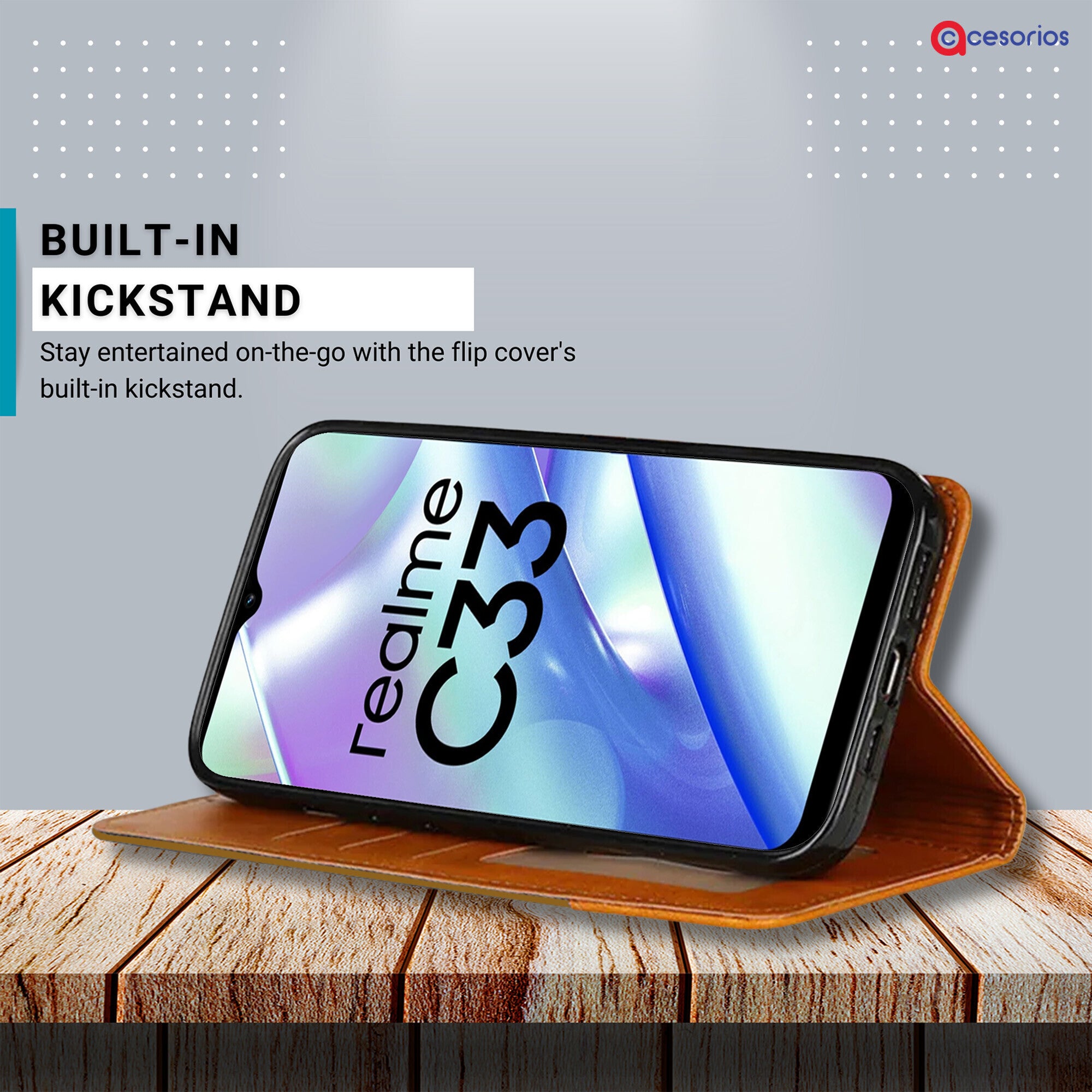 Accesorios Realme C33 denim flip cover – Light Brown – Image 4 #color_light brown