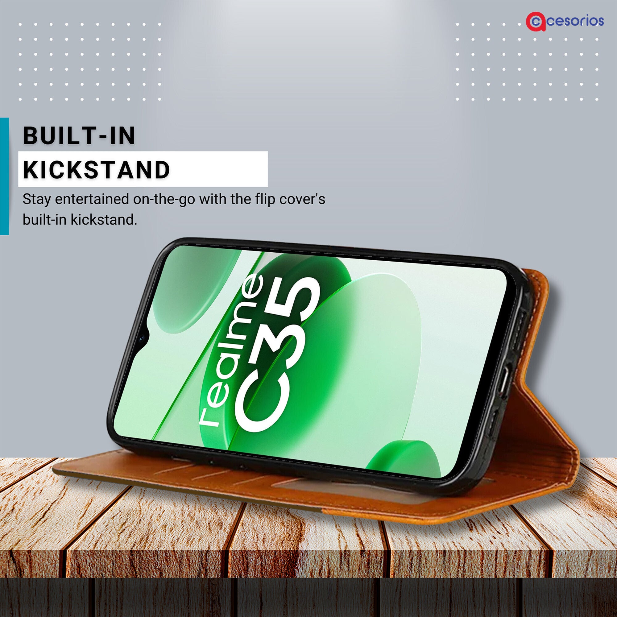 Accesorios Realme C35 denim flip cover – Dark Brown – Image 4 #color_dark brown