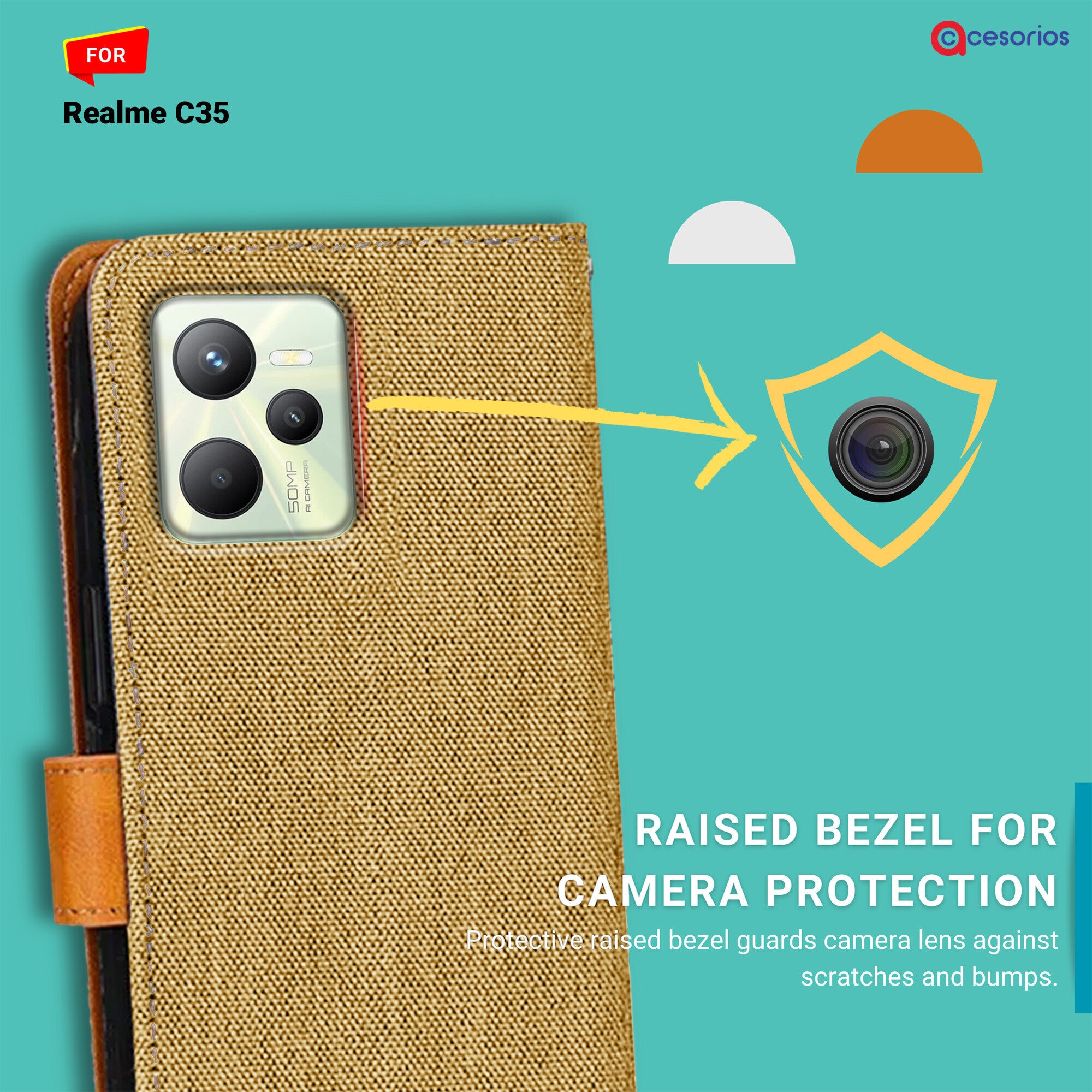 Accesorios Realme C35 denim flip cover – Light Brown – Image 2 #color_light brown
