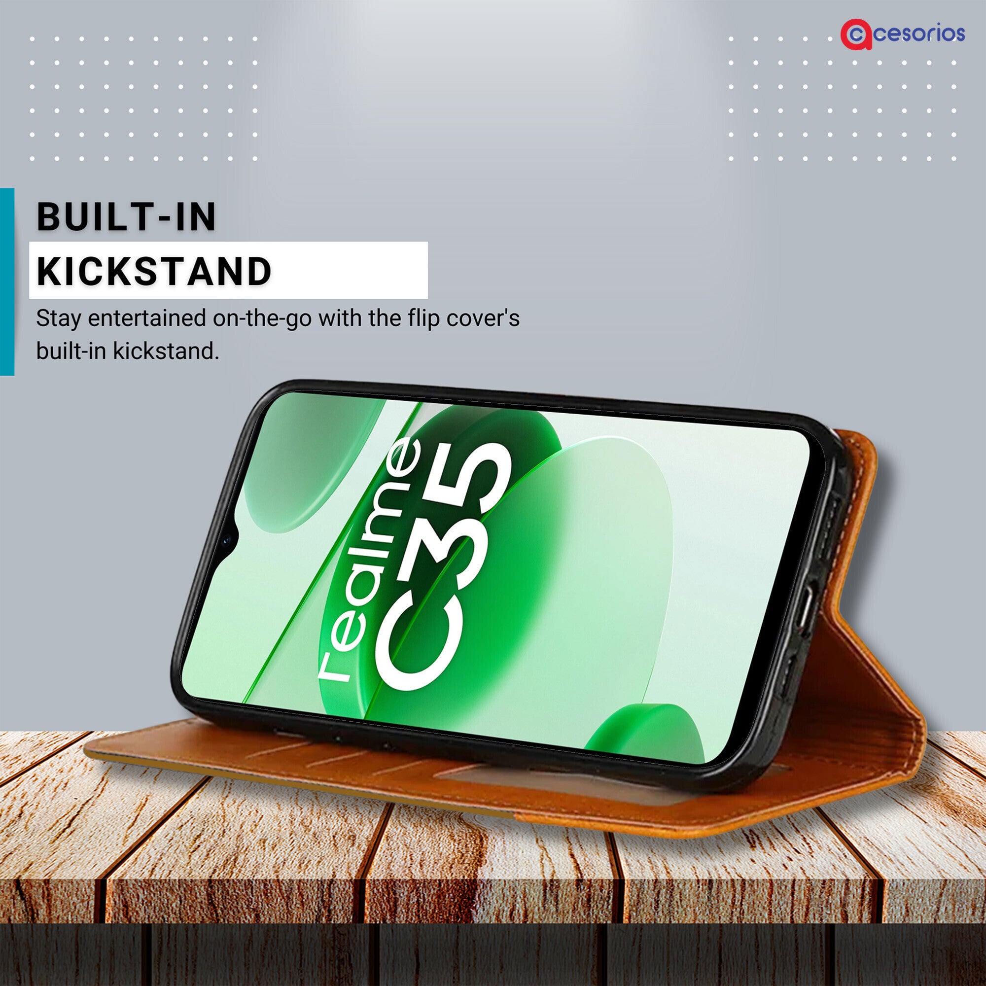 Accesorios Realme C35 denim flip cover – Light Brown – Image 4 #color_light brown