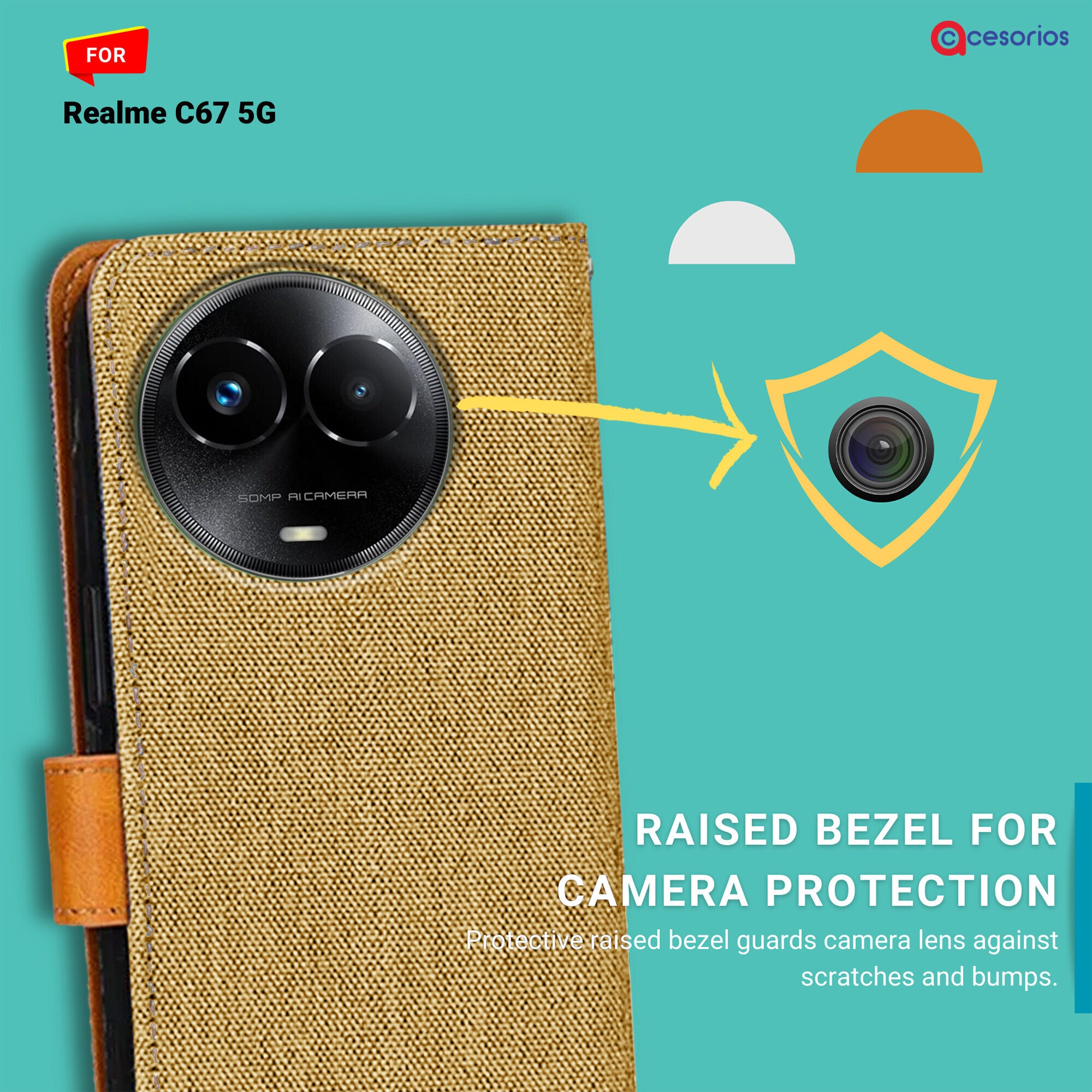 Accesorios Realme C67 5G denim flip cover – Light Brown – Image 2 #color_light brown