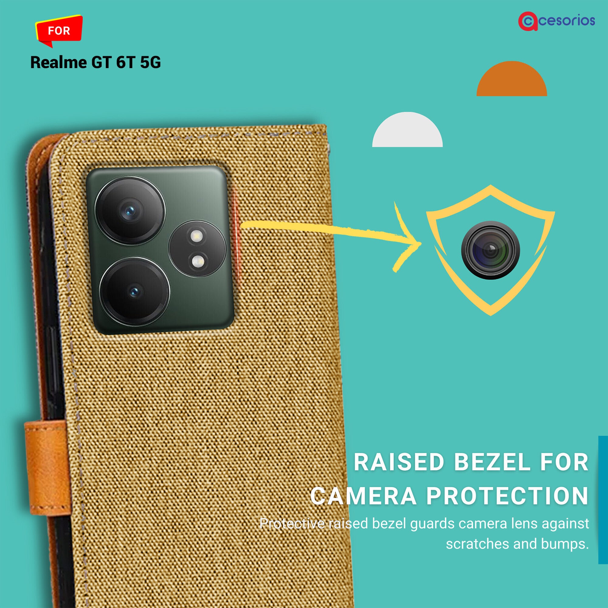 Accesorios Realme Gt 6T 5G denim flip cover – Light Brown – Image 2 #color_light brown