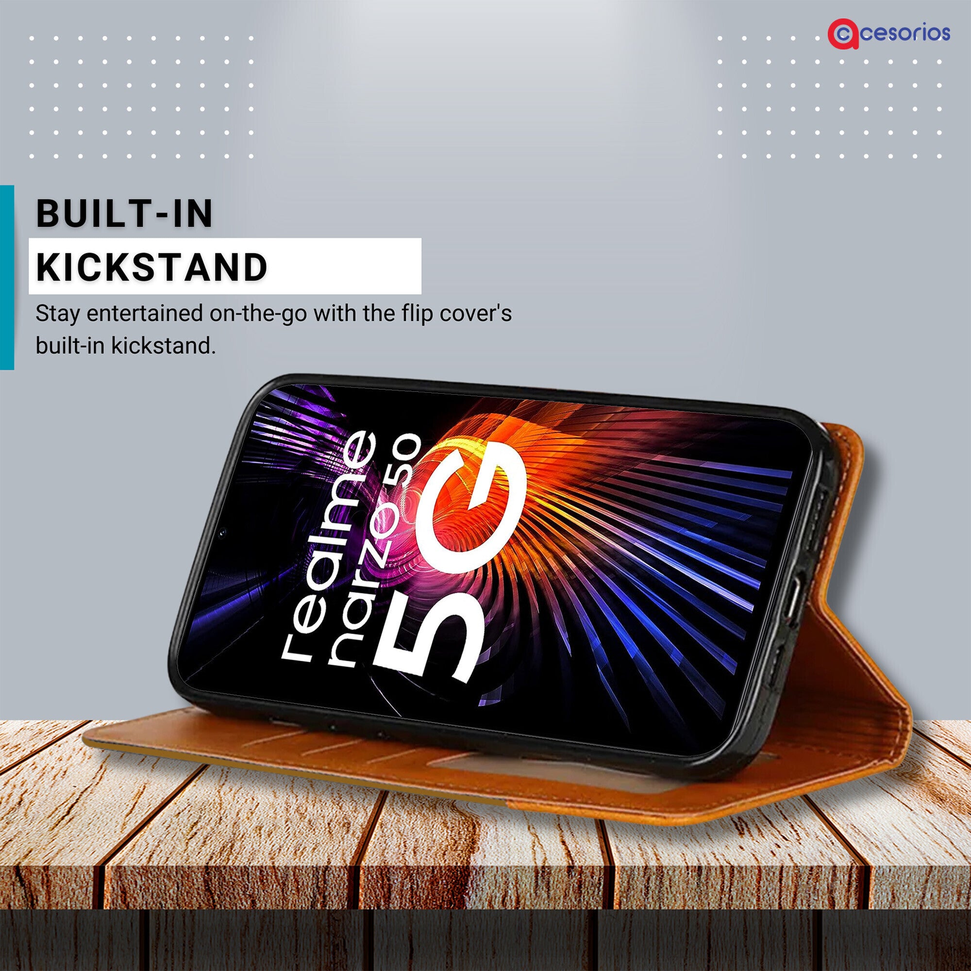 Accesorios Realme Narzo 50 5G denim flip cover – Light Brown – Image 4 #color_light brown