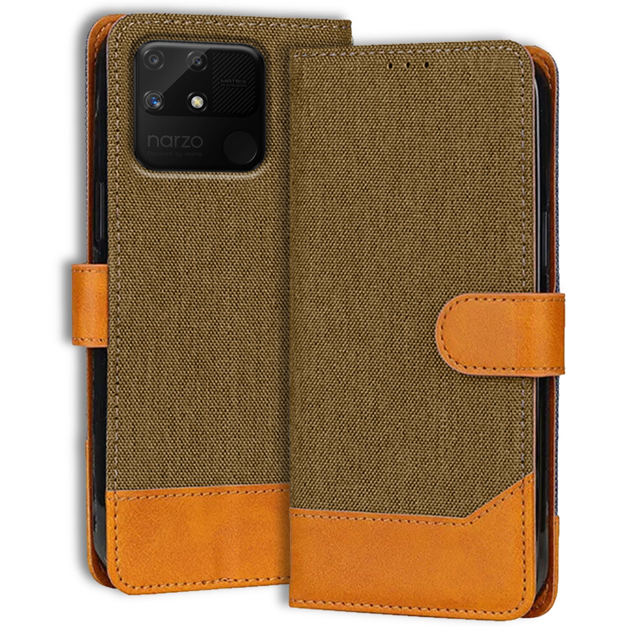 Accesorios Realme Narzo 50A denim flip cover – Dark Brown – Image 1 #color_dark brown