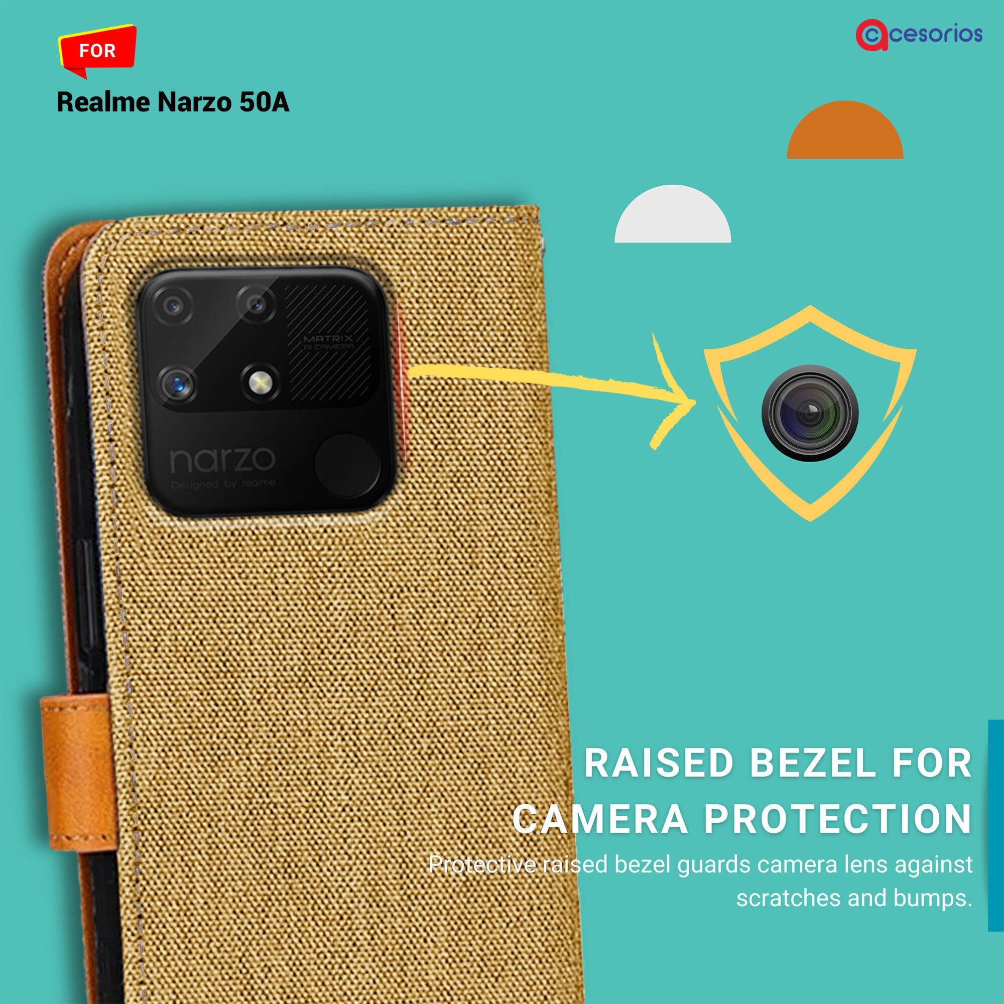 Accesorios Realme Narzo 50A denim flip cover – Light Brown – Image 2 #color_light brown