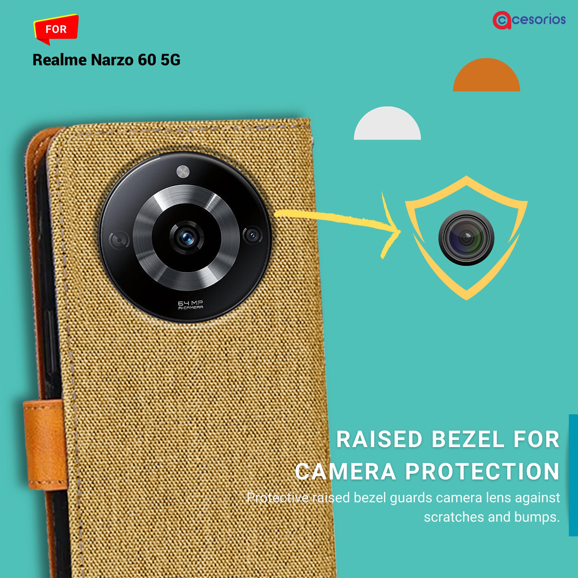 Accesorios Realme Narzo 60 5G denim flip cover – Light Brown – Image 2 #color_light brown