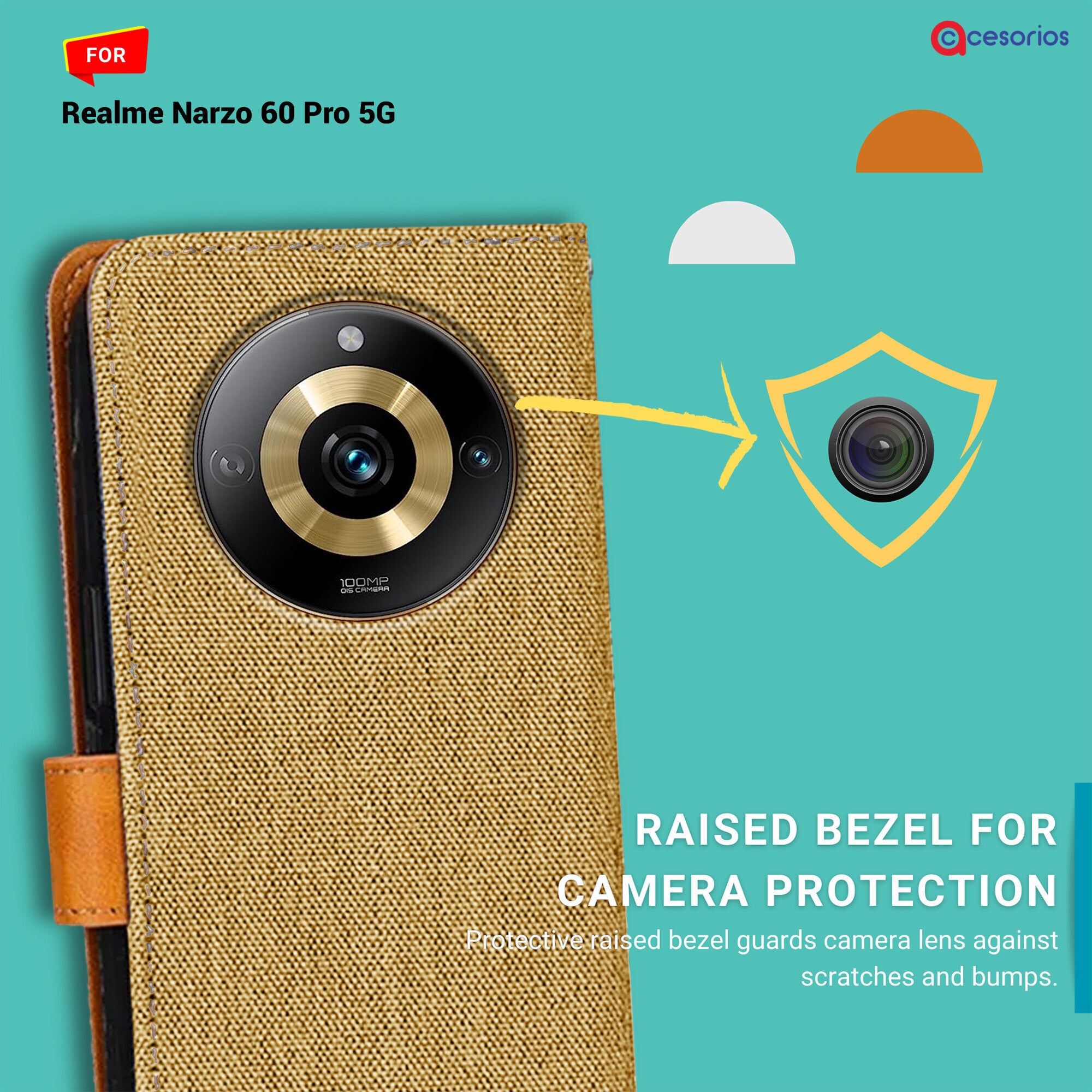 Accesorios Realme Narzo 60 Pro 5G denim flip cover – Light Brown – Image 2 #color_light brown