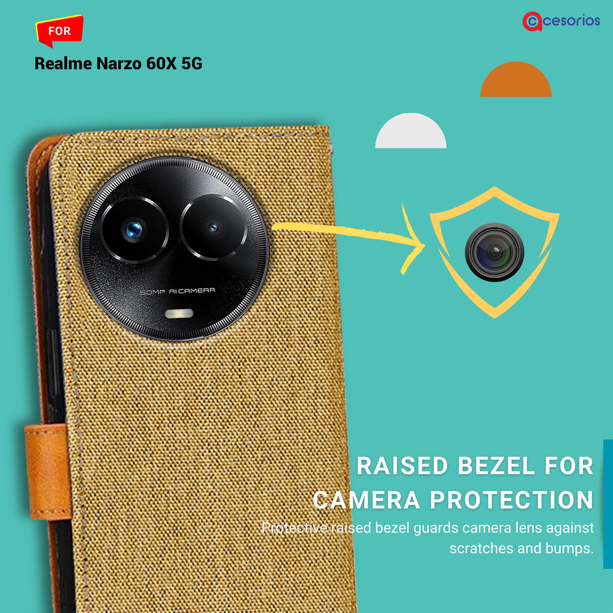 Accesorios Realme Narzo 60X 5G denim flip cover – Light Brown – Image 2 #color_light brown