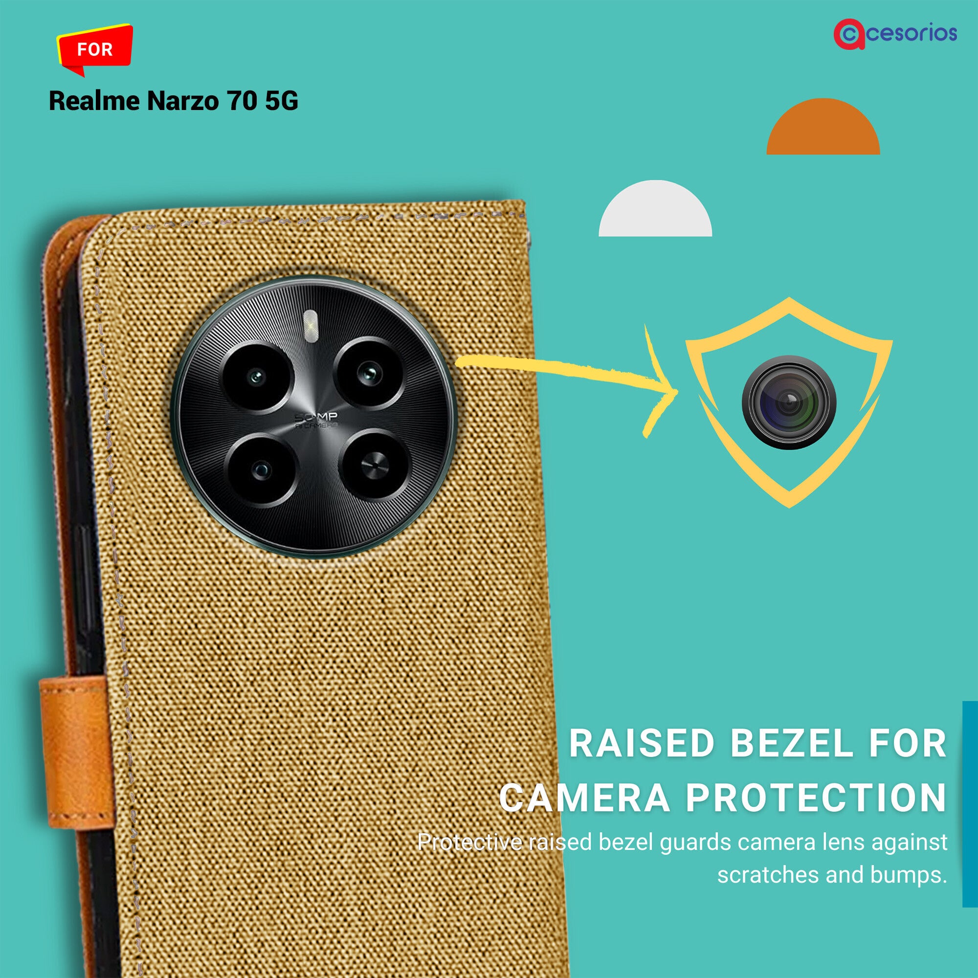 Accesorios Realme Narzo 70 5G denim flip cover – Light Brown – Image 2 #color_light brown