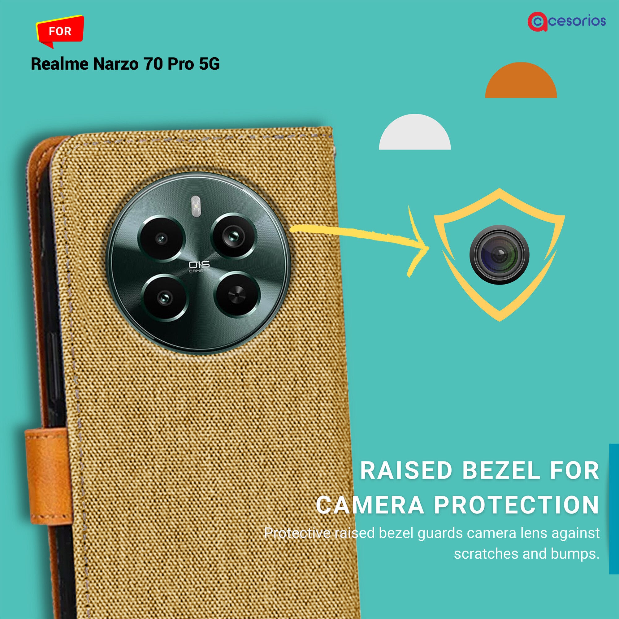 Accesorios Realme Narzo 70 Pro 5G denim flip cover – Light Brown – Image 2 #color_light brown