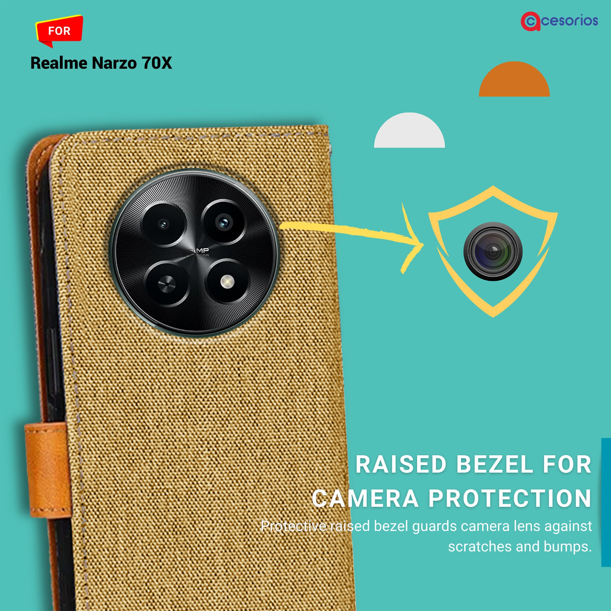 Accesorios Realme Narzo 70X denim flip cover – Light Brown – Image 2 #color_light brown