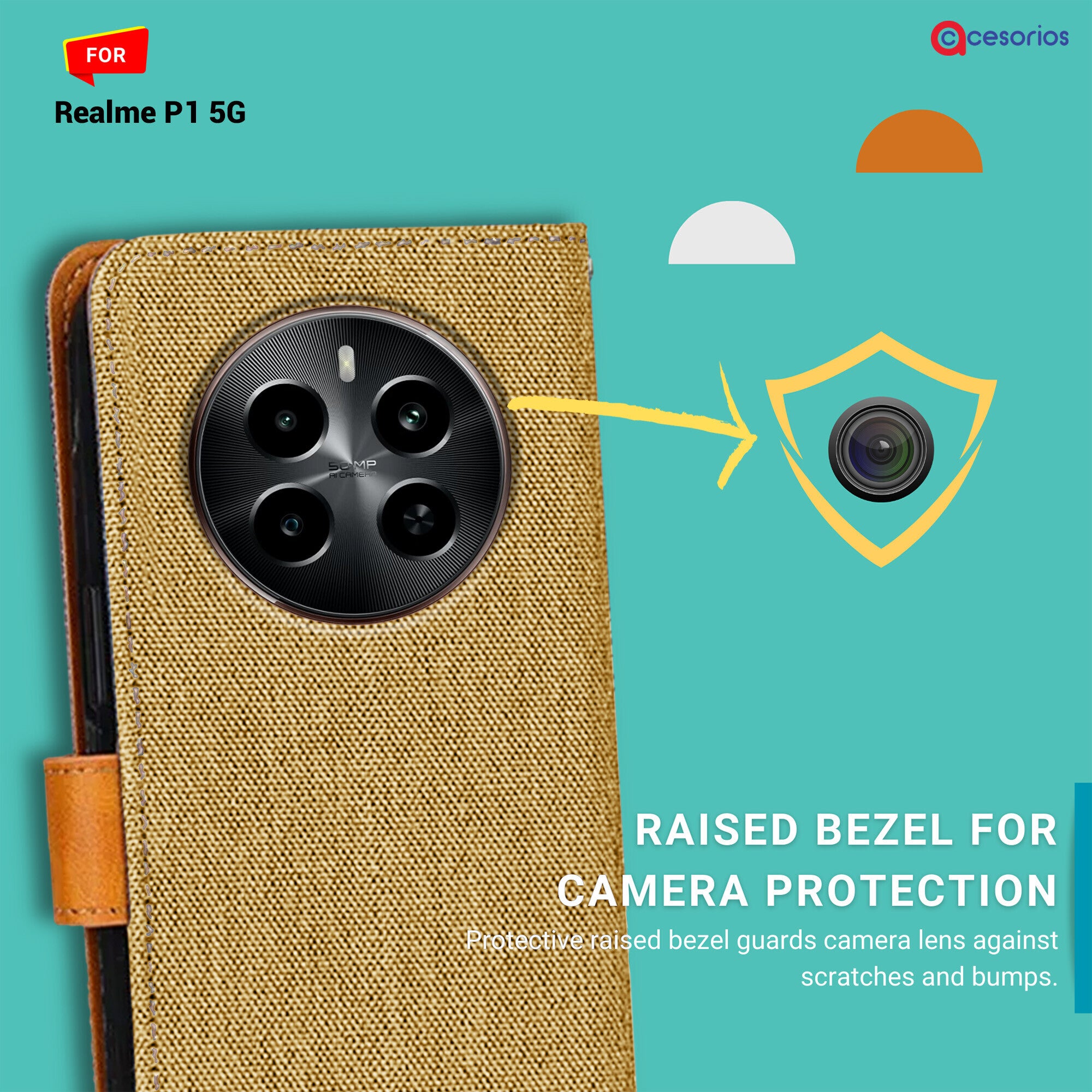 Accesorios Realme P1 5G denim flip cover – Light Brown – Image 2 #color_light brown