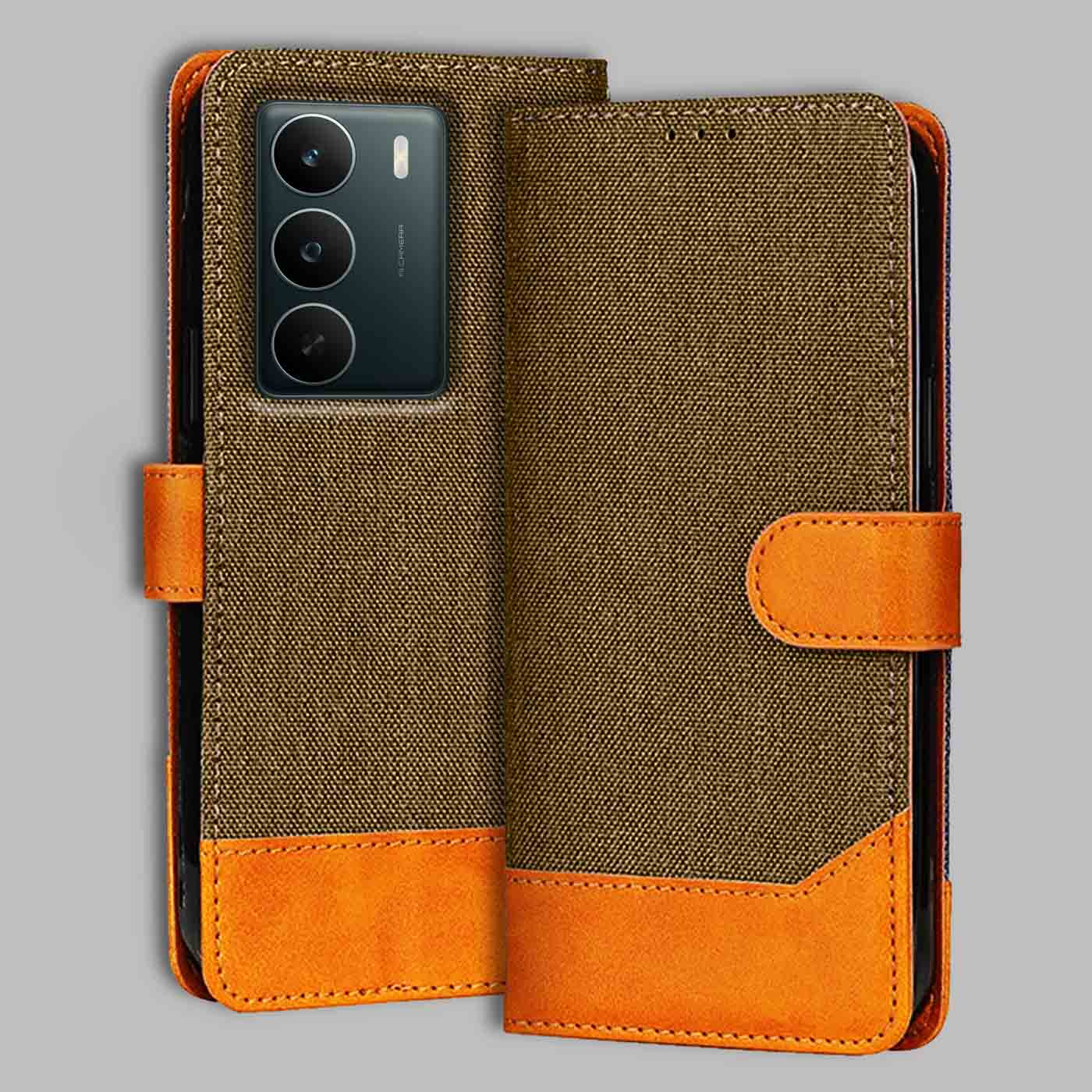 Realme P3 Lite 5G Denim Leather Flip Cover | Dual Color | Sleek & Durable - Dark Brown