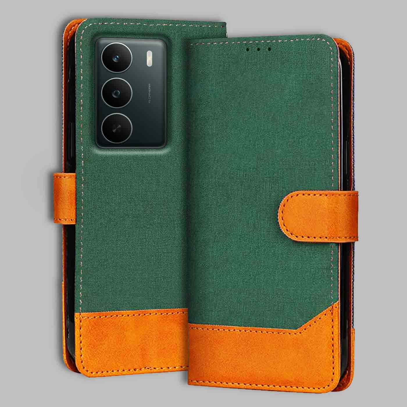 Realme P3 Lite 5G Canvas & Suede Flip Cover | Dual Color | Stylish & Durable - Green