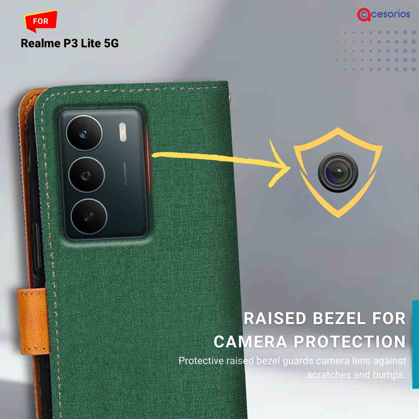 Realme P3 Lite 5G Canvas & Suede Flip Cover | Dual Color | Stylish & Durable - Green
