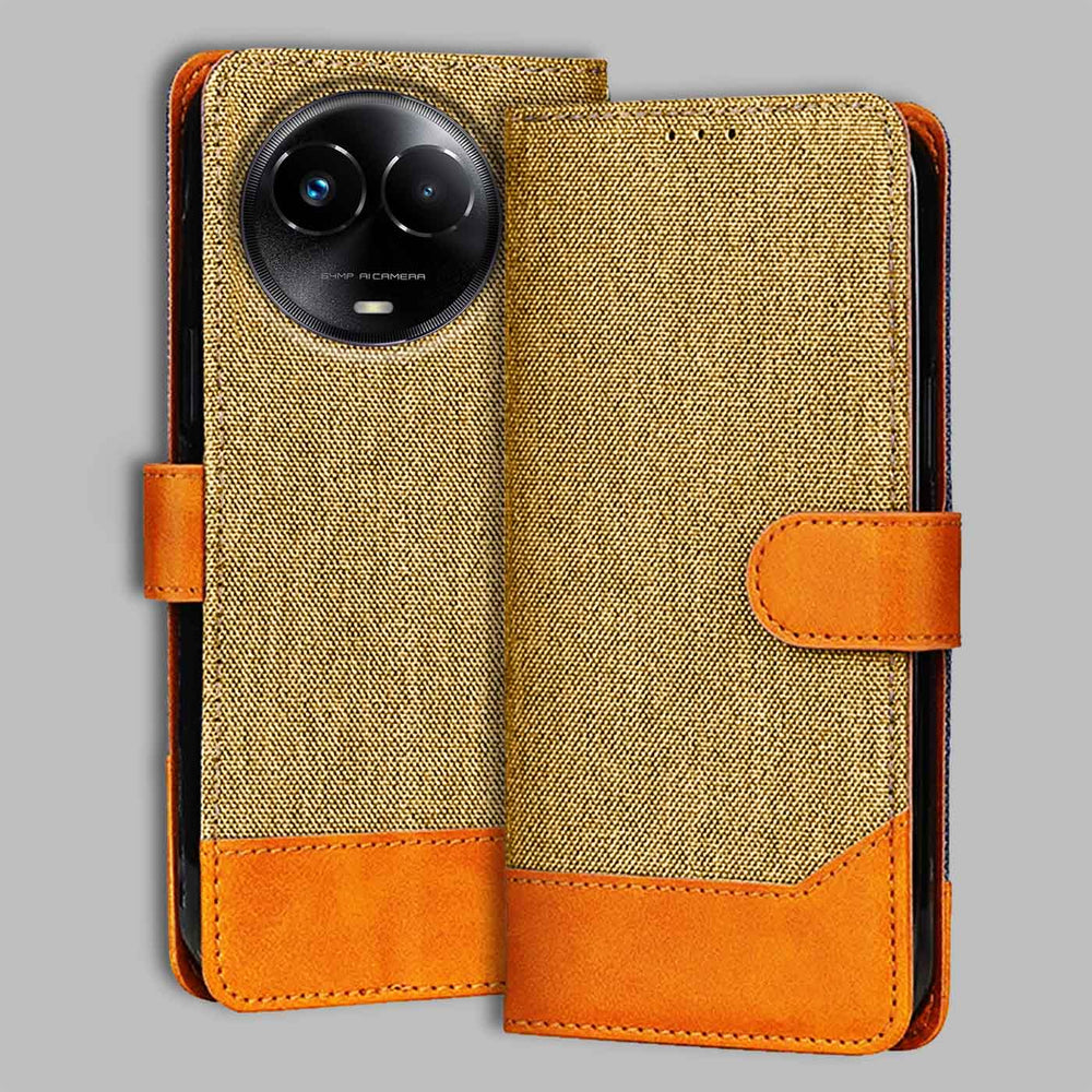 Realme 11X 5G flip cover in Light Brown — front view by Accesorios