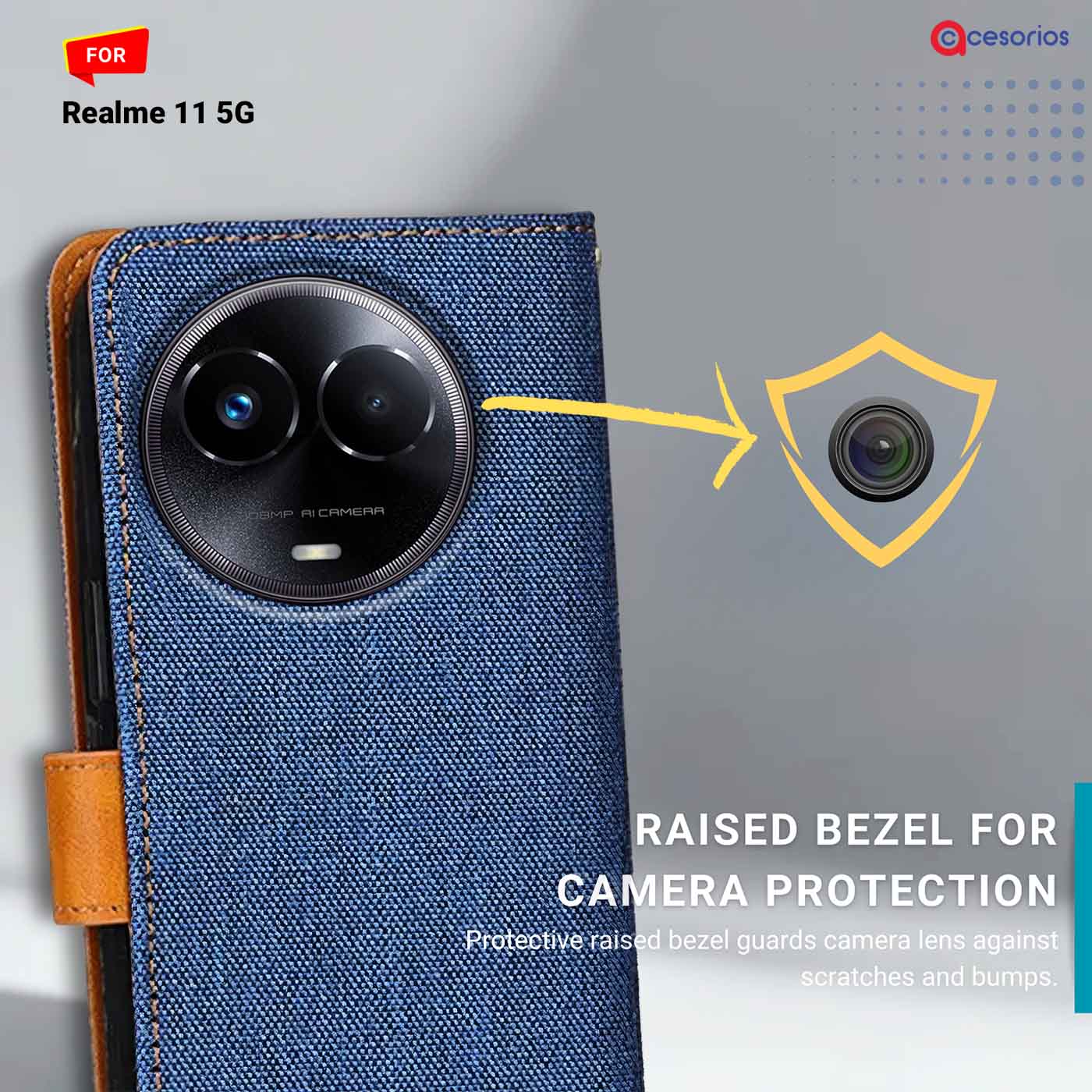 Denim & Leather back panel — Realme 11 5G in Blue mobile case