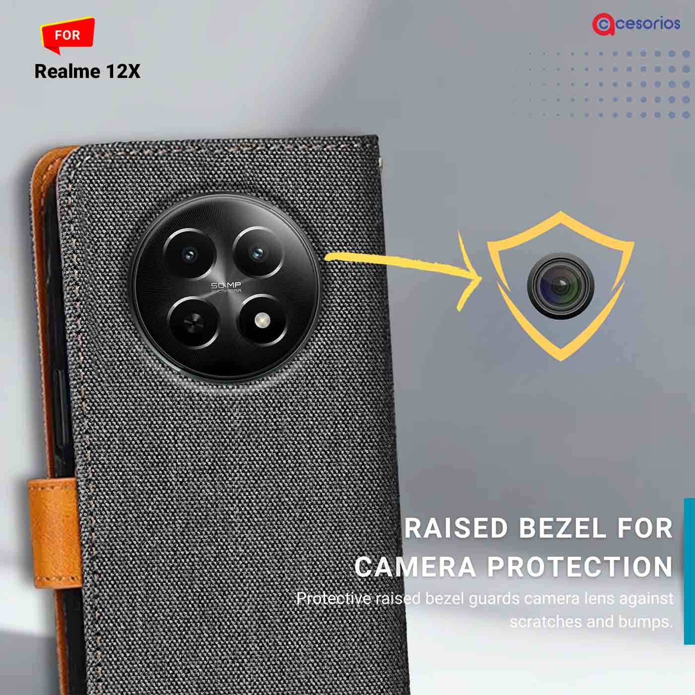 Accesorios Realme 12X denim flip cover – Grey – Image 2 #color_
