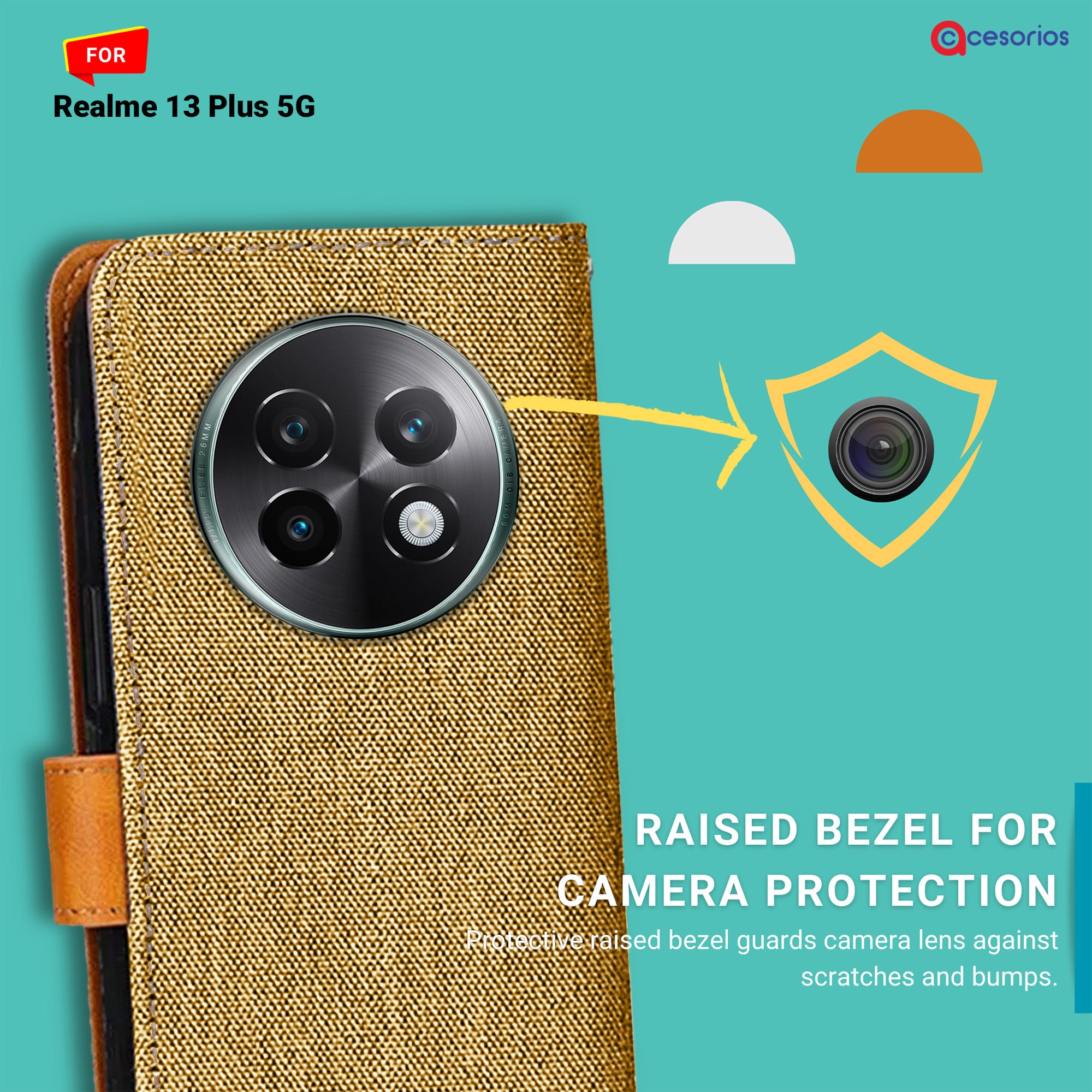 Accesorios Realme 13 Plus 5G denim flip cover – Light Brown – Image 2 #color_light brown