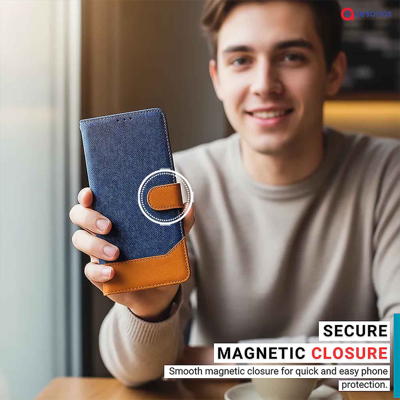Hand holding Realme 13 Pro Plus 5G in Blue flip cover with magnetic closure