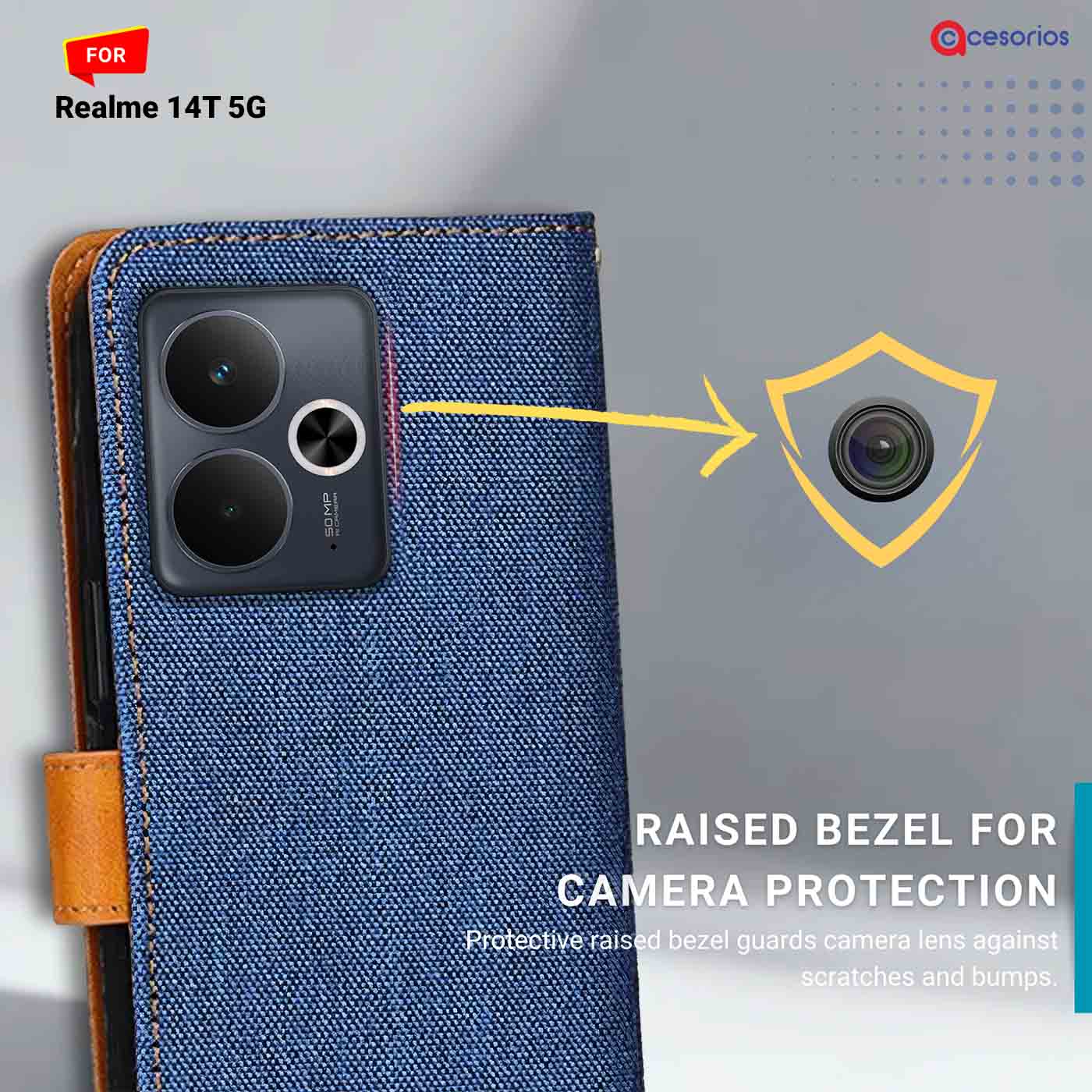 Denim & Leather back panel — Realme 14T 5G in Blue mobile case