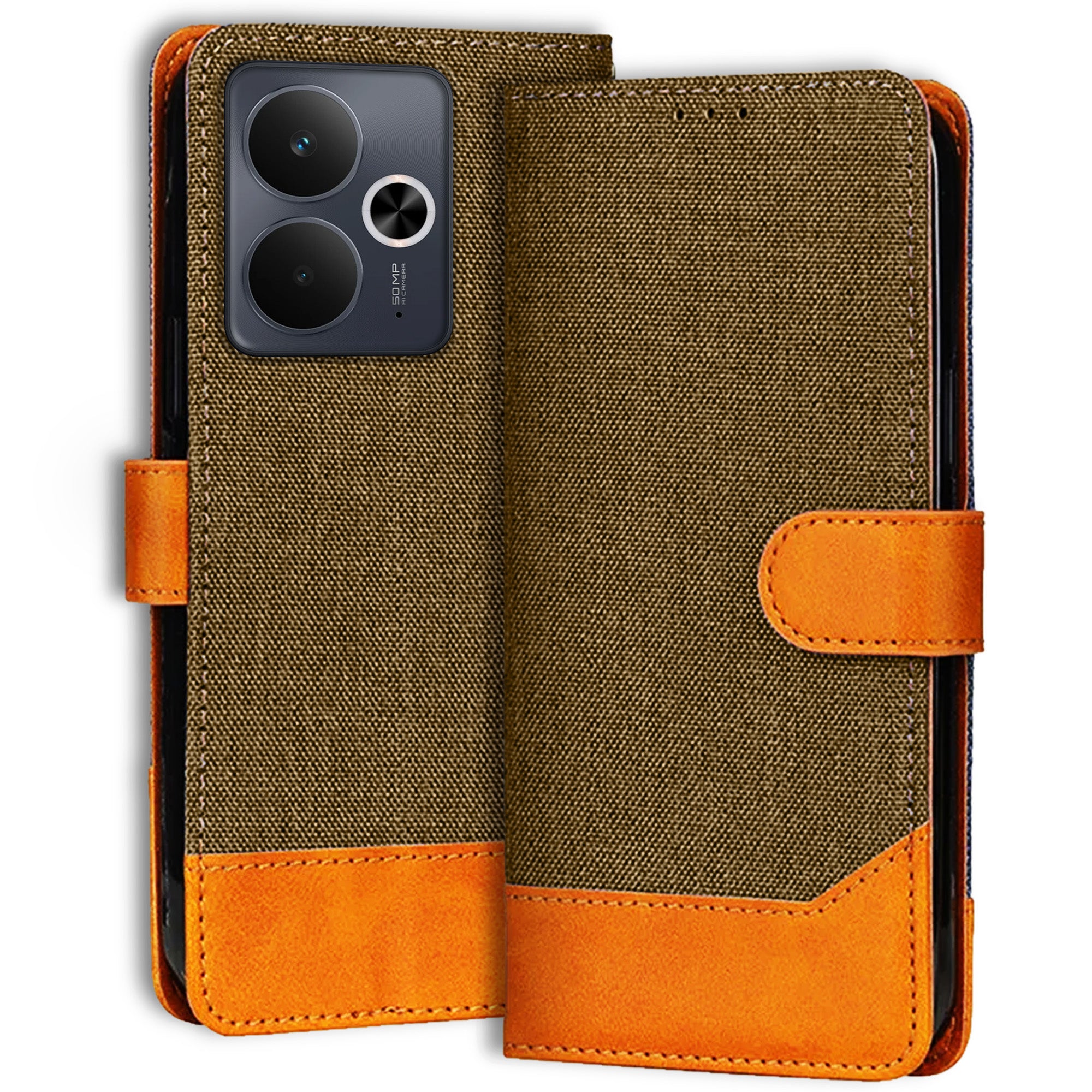 Accesorios Realme 14T 5G denim flip cover – Dark Brown – Image 1 #color_dark brown