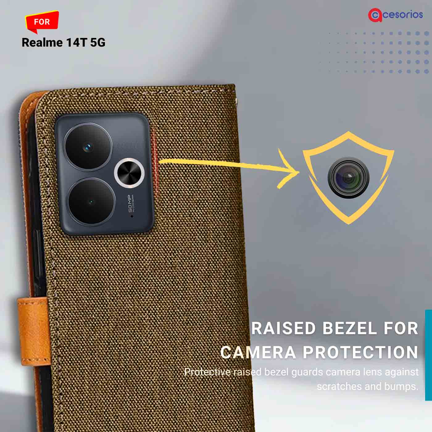 Denim & Leather back panel — Realme 14T 5G in Dark Brown mobile case