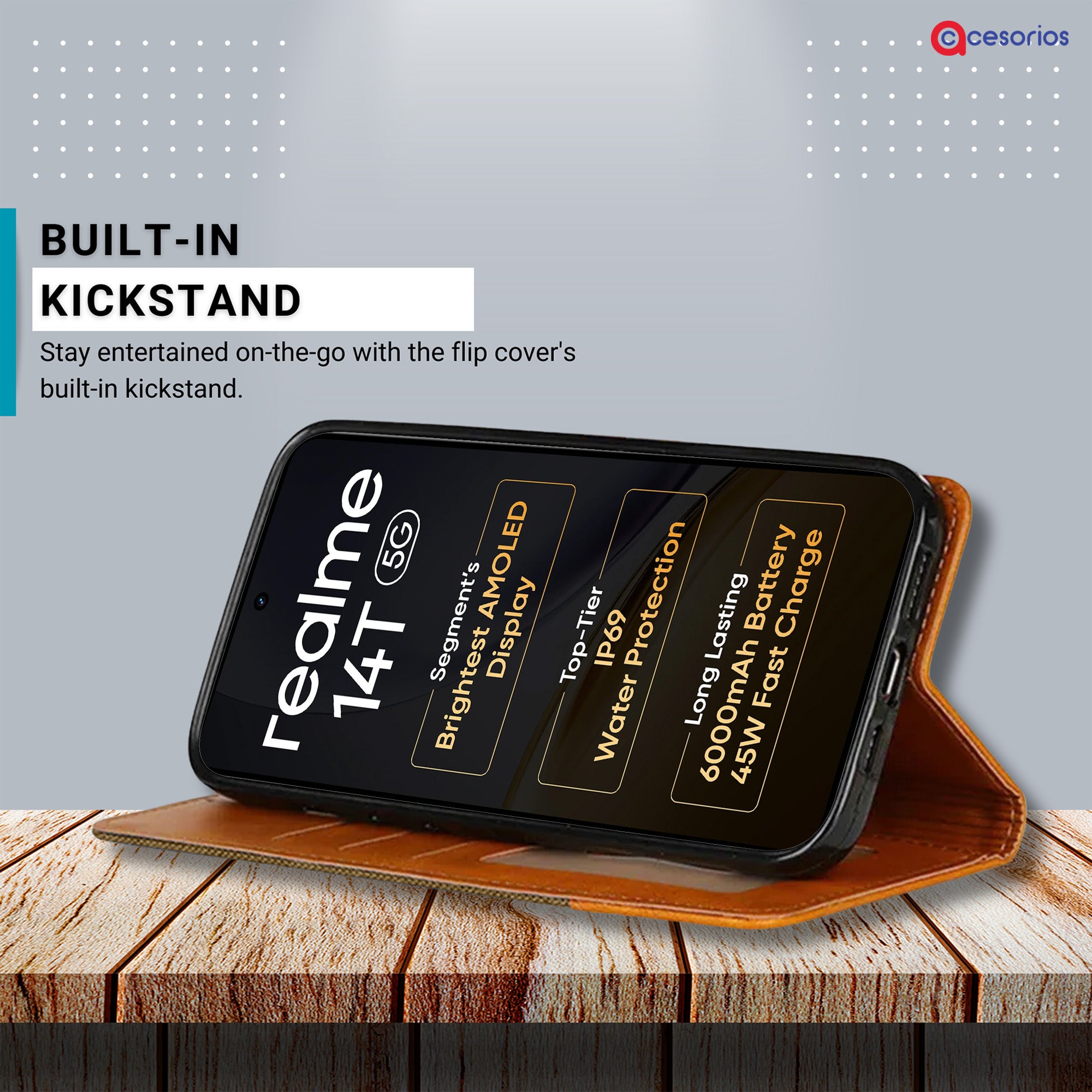 Accesorios Realme 14T 5G denim flip cover – Dark Brown – Image 4 #color_dark brown