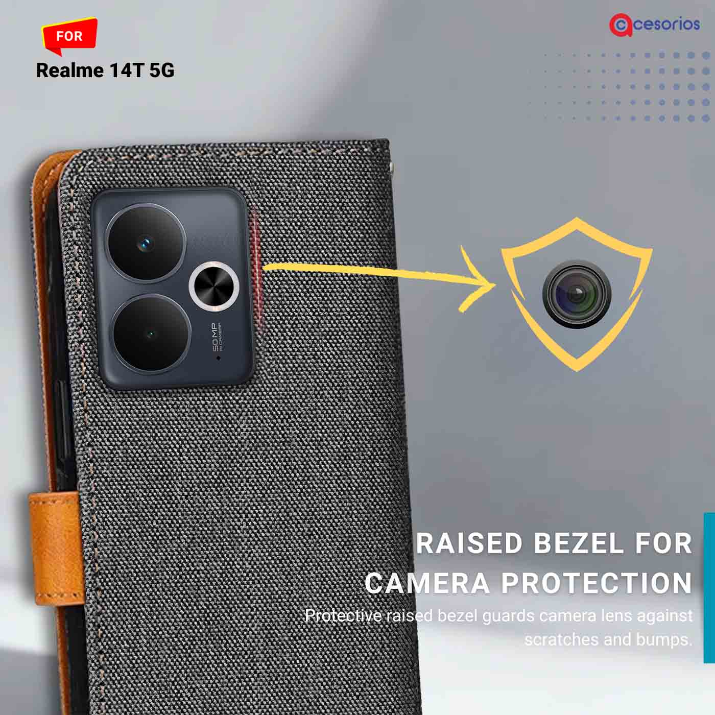 Denim & Leather back panel — Realme 14T 5G in Grey mobile case