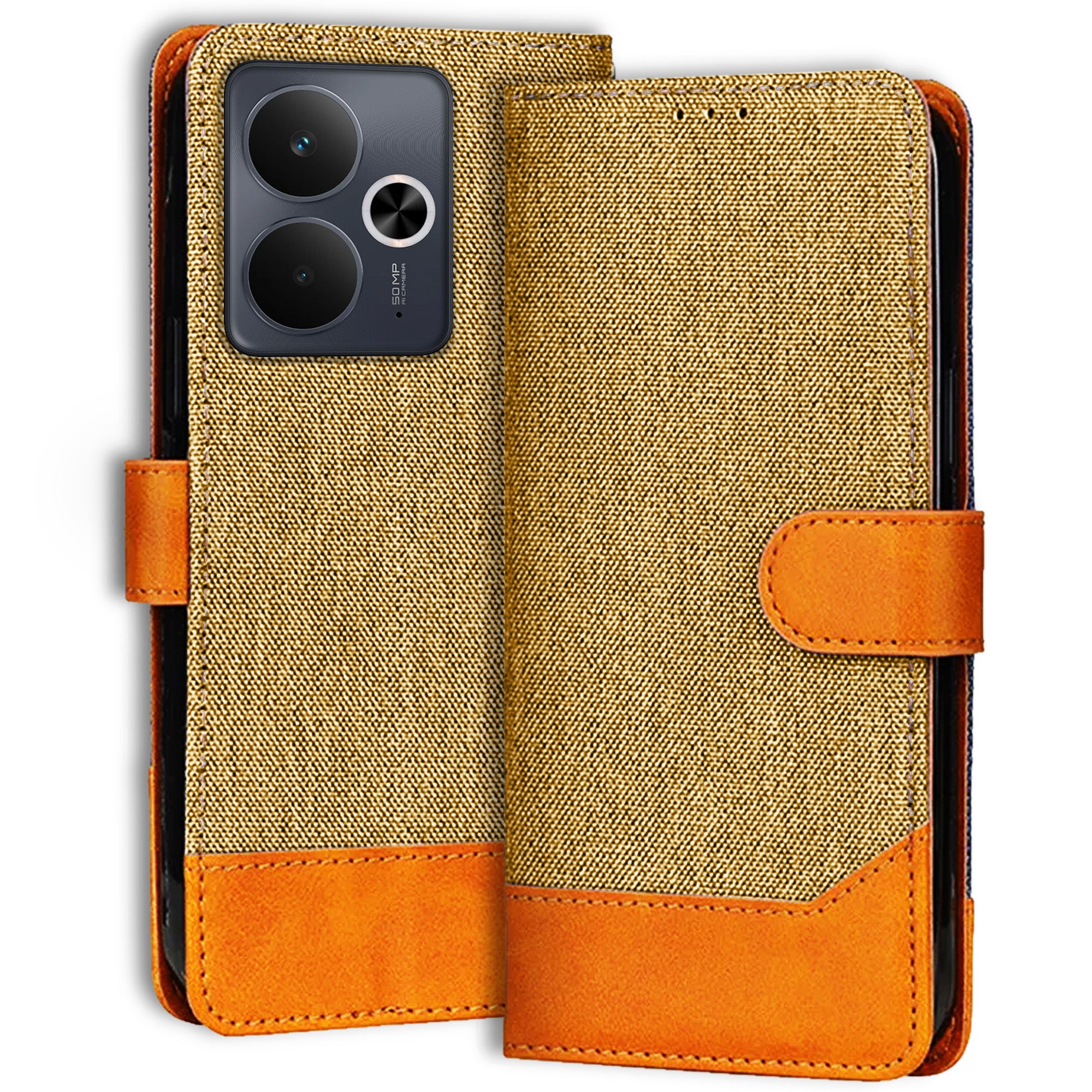 Accesorios Realme 14T 5G denim flip cover – Light Brown – Image 1 #color_light brown