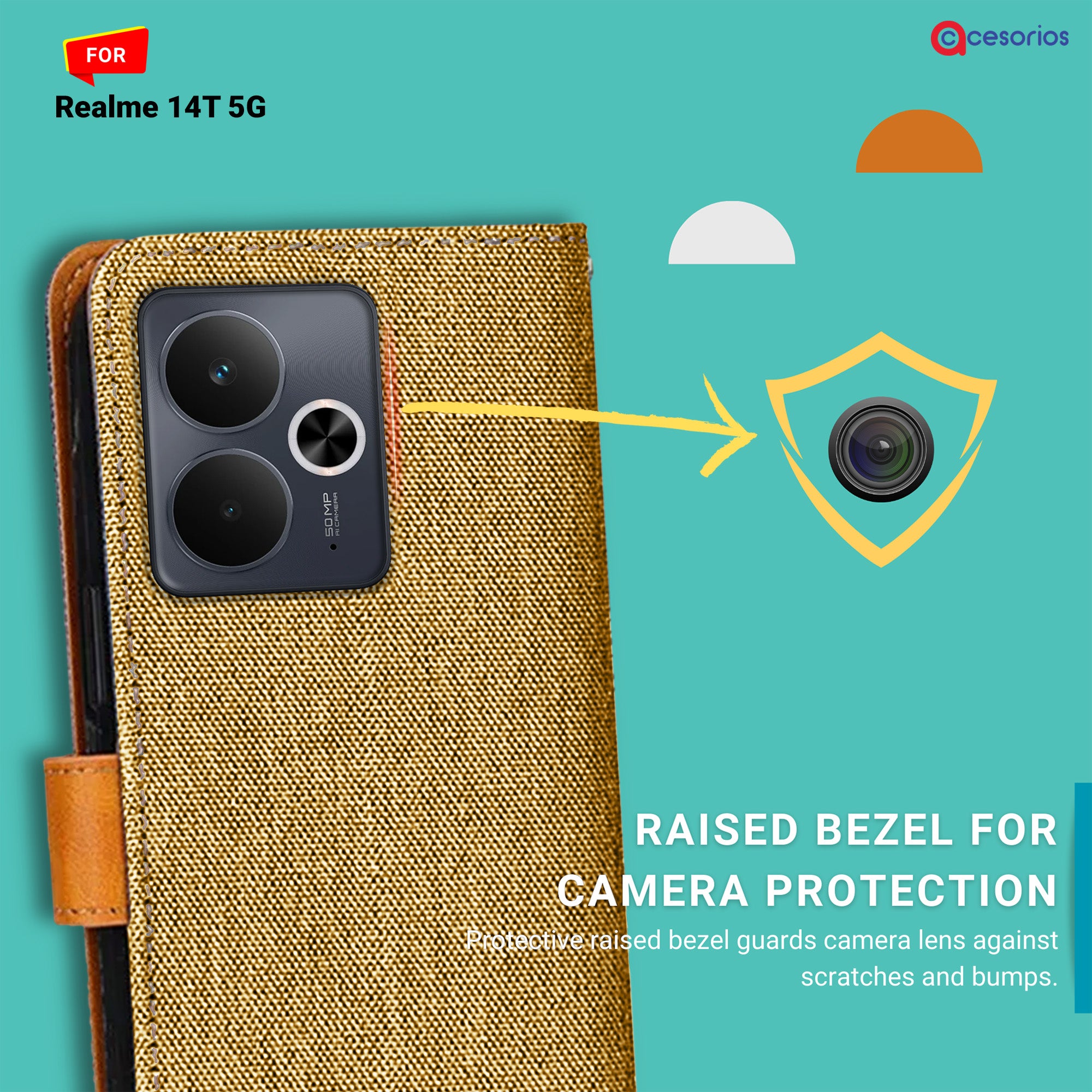 Accesorios Realme 14T 5G denim flip cover – Light Brown – Image 2 #color_light brown