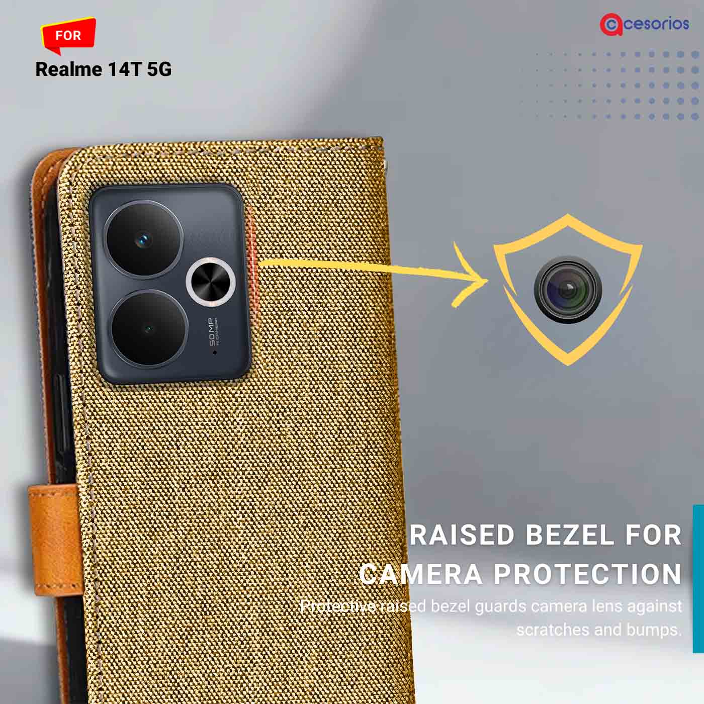 Denim & Leather back panel — Realme 14T 5G in Light Brown mobile case